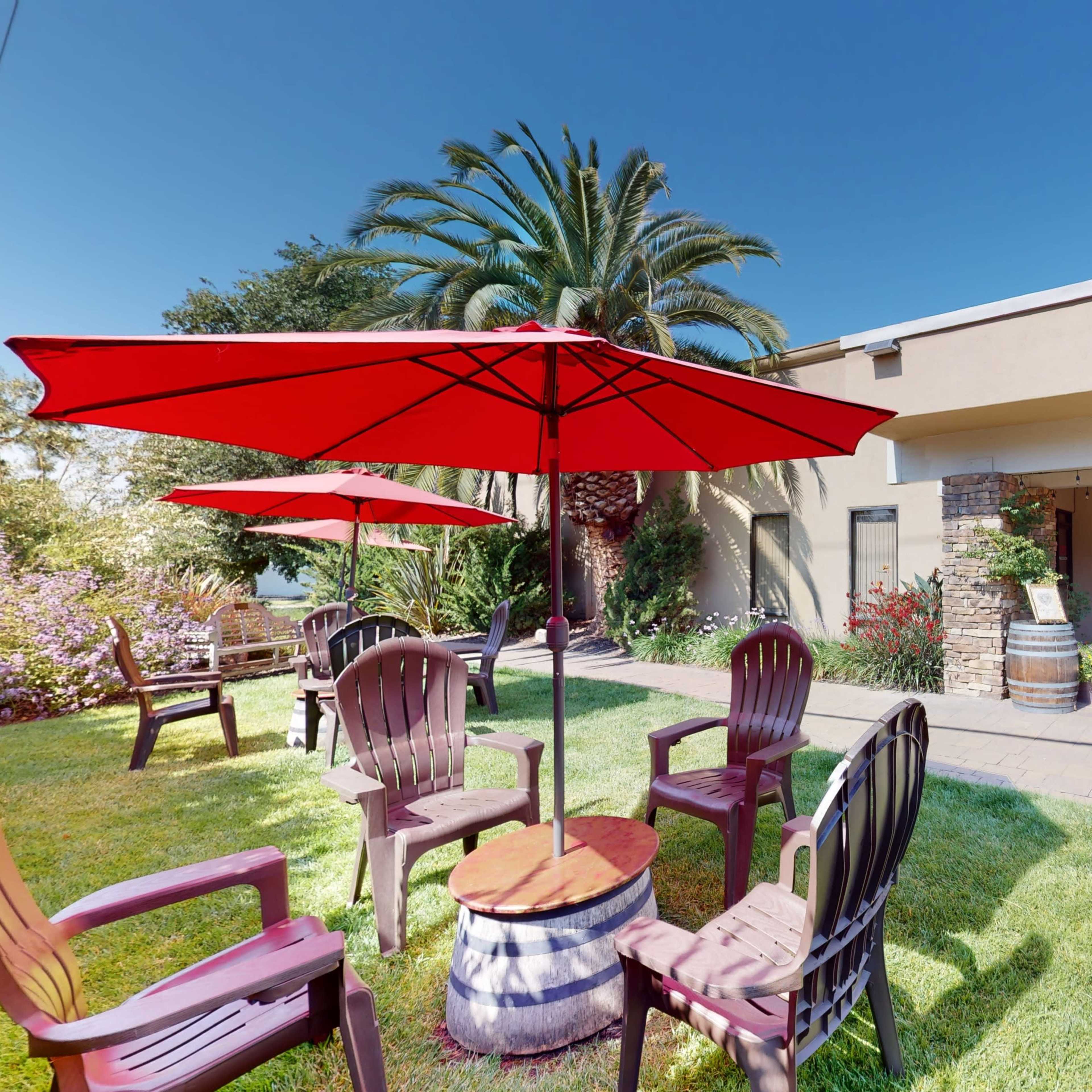 A seating area with red umbrellas, chairs, and a small table in front of a building labeled "Longevity Wines," surrounded by greenery and palm trees.