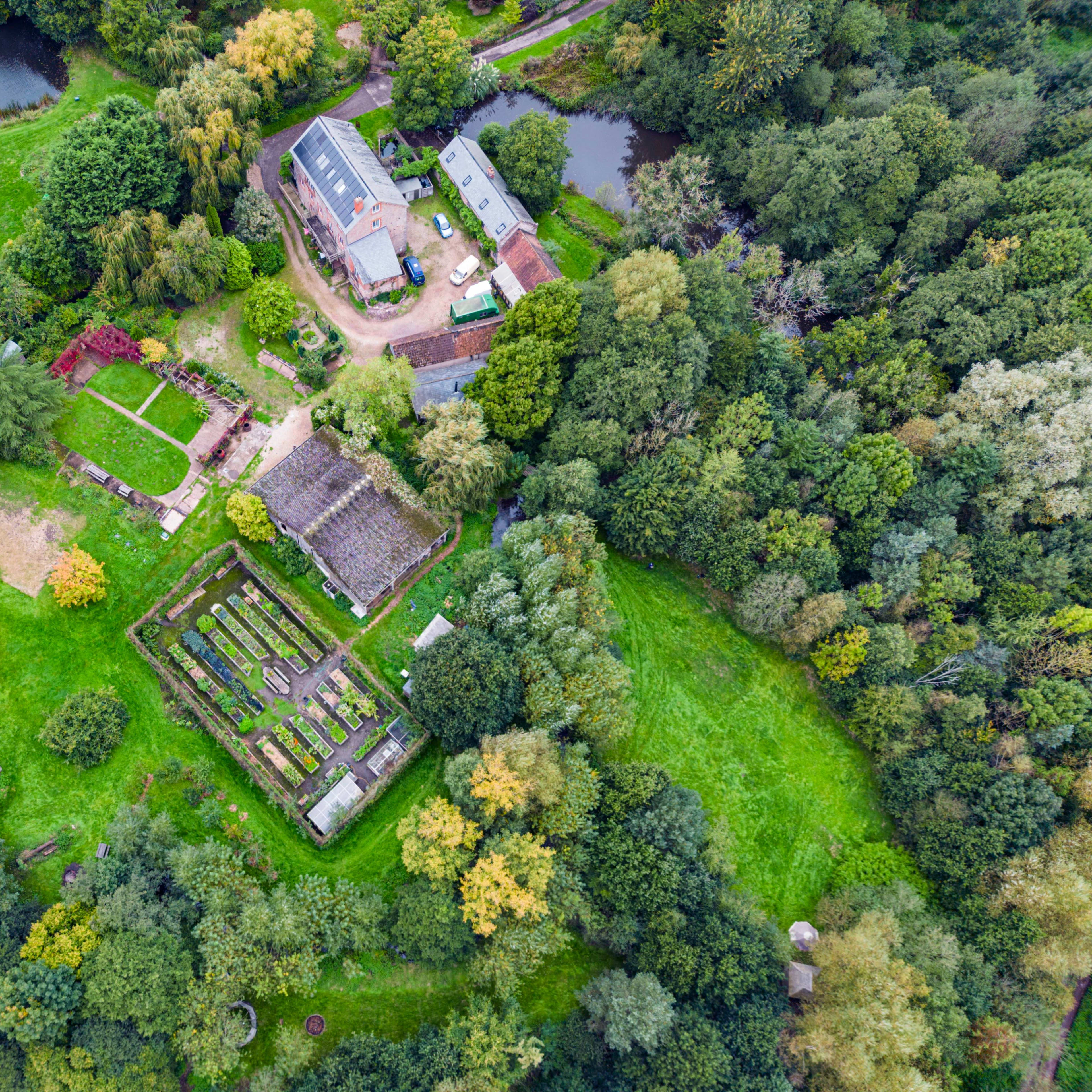 An aerial view showcases a large green area with a house, several gardens, and a network of trees and ponds.
