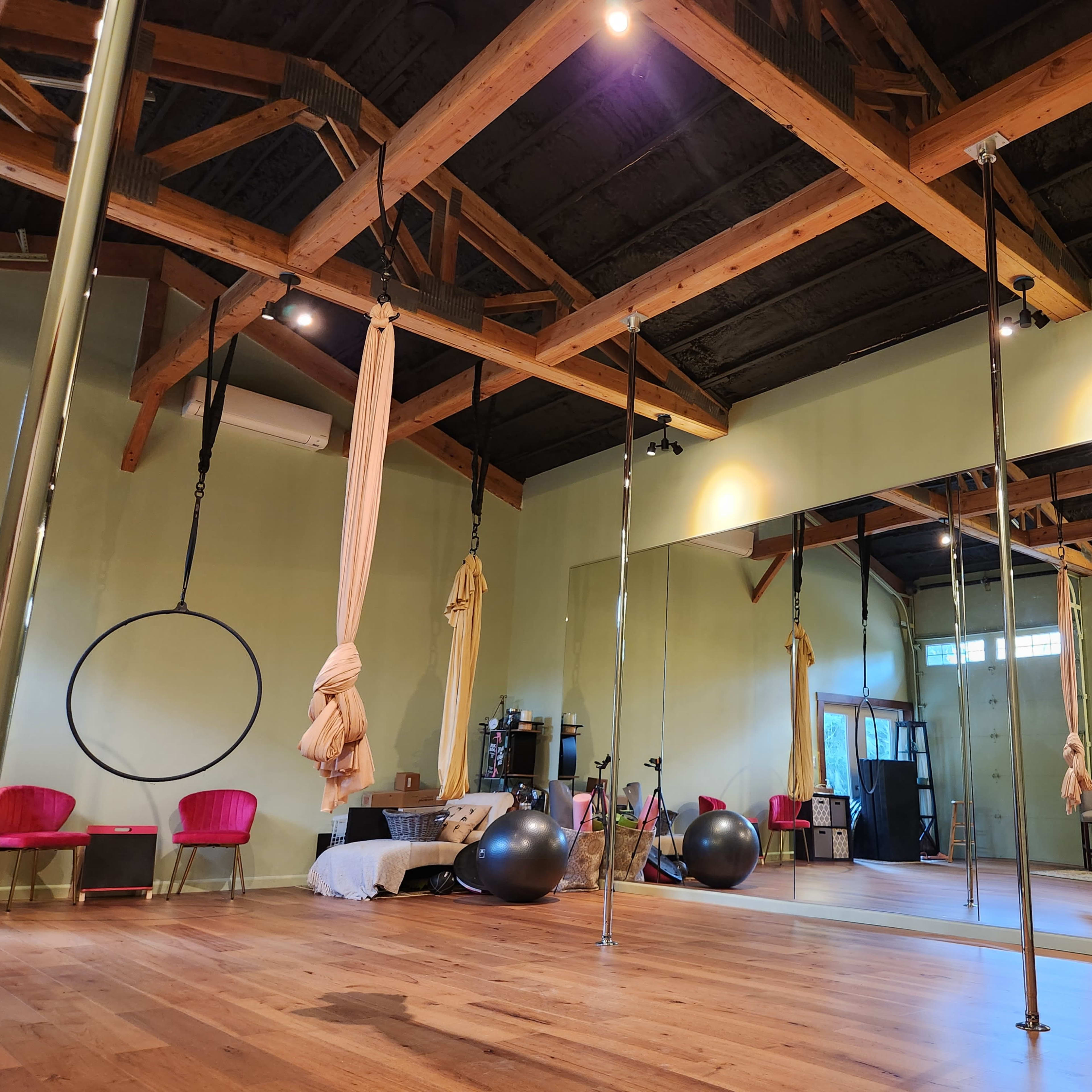 A spacious studio with wooden beams, mirrors, a hammock, and pole stations, along with exercise balls and a few chairs.
