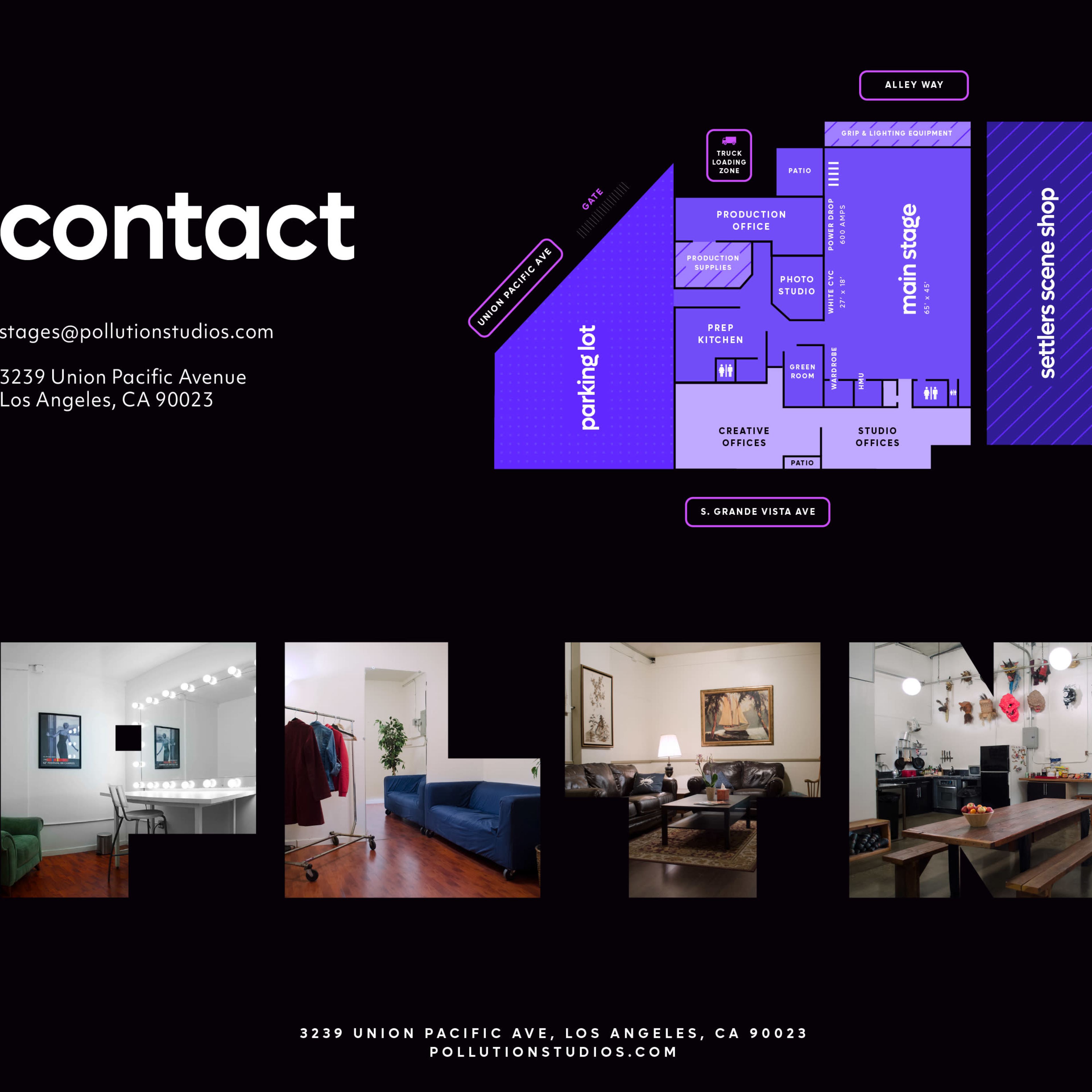 A contact information layout for Pollution Studios in Los Angeles, displaying a floor plan of the venue alongside photos of various studio rooms.