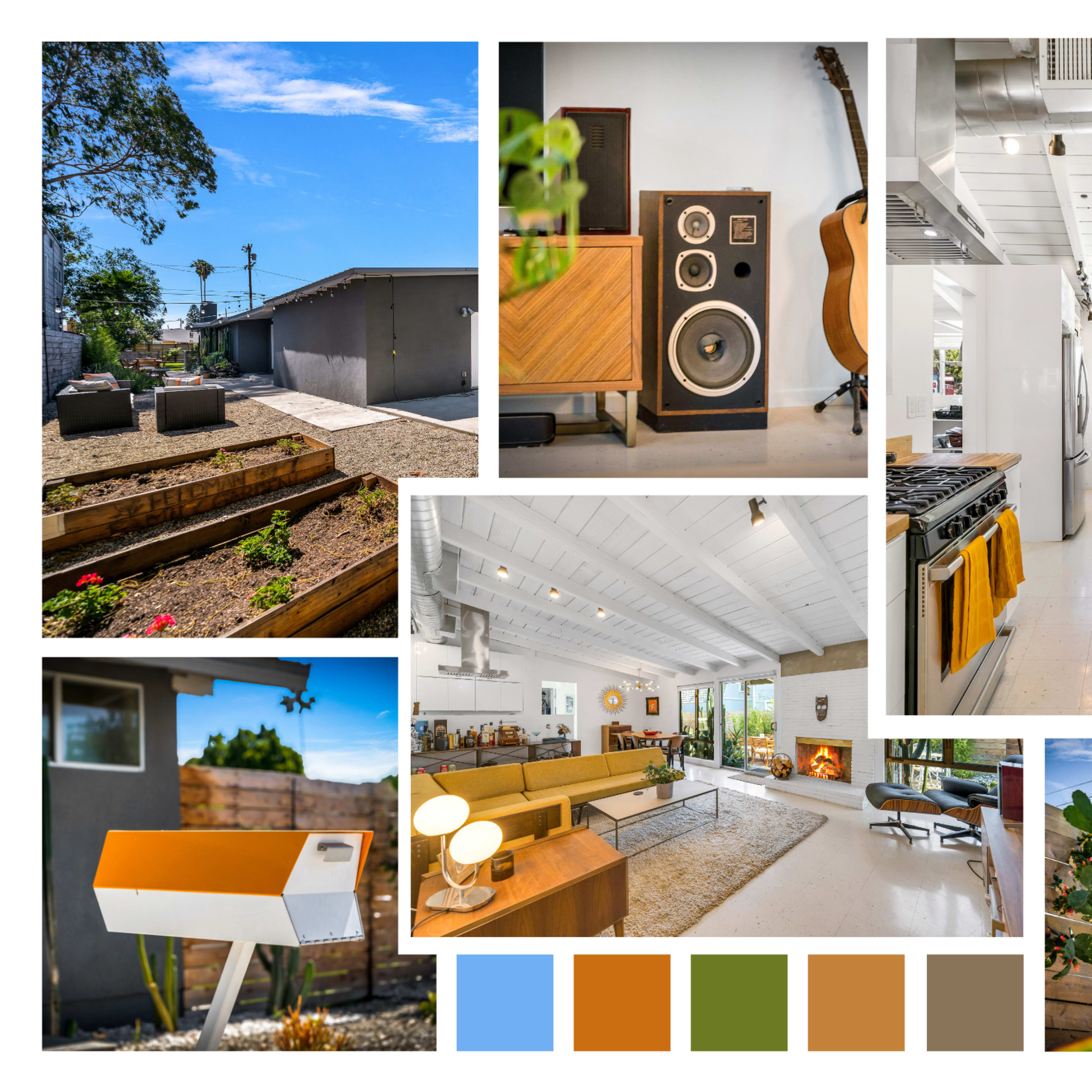 A collage of various interior and exterior views of a modern home, including a kitchen, living room, garden, and outdoor seating area.