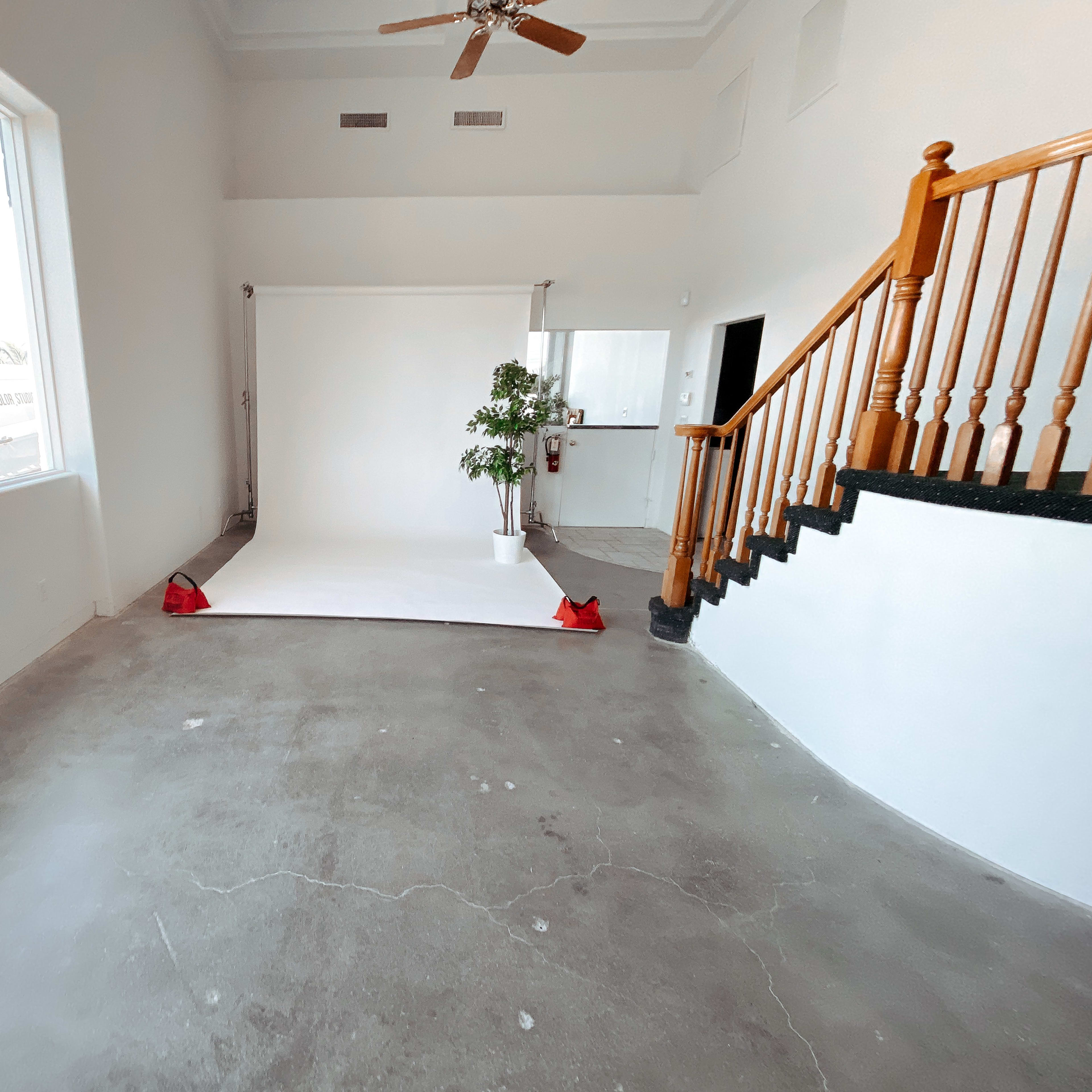 A spacious, brightly lit room with a white backdrop, a potted plant, and a staircase leading to a higher level.