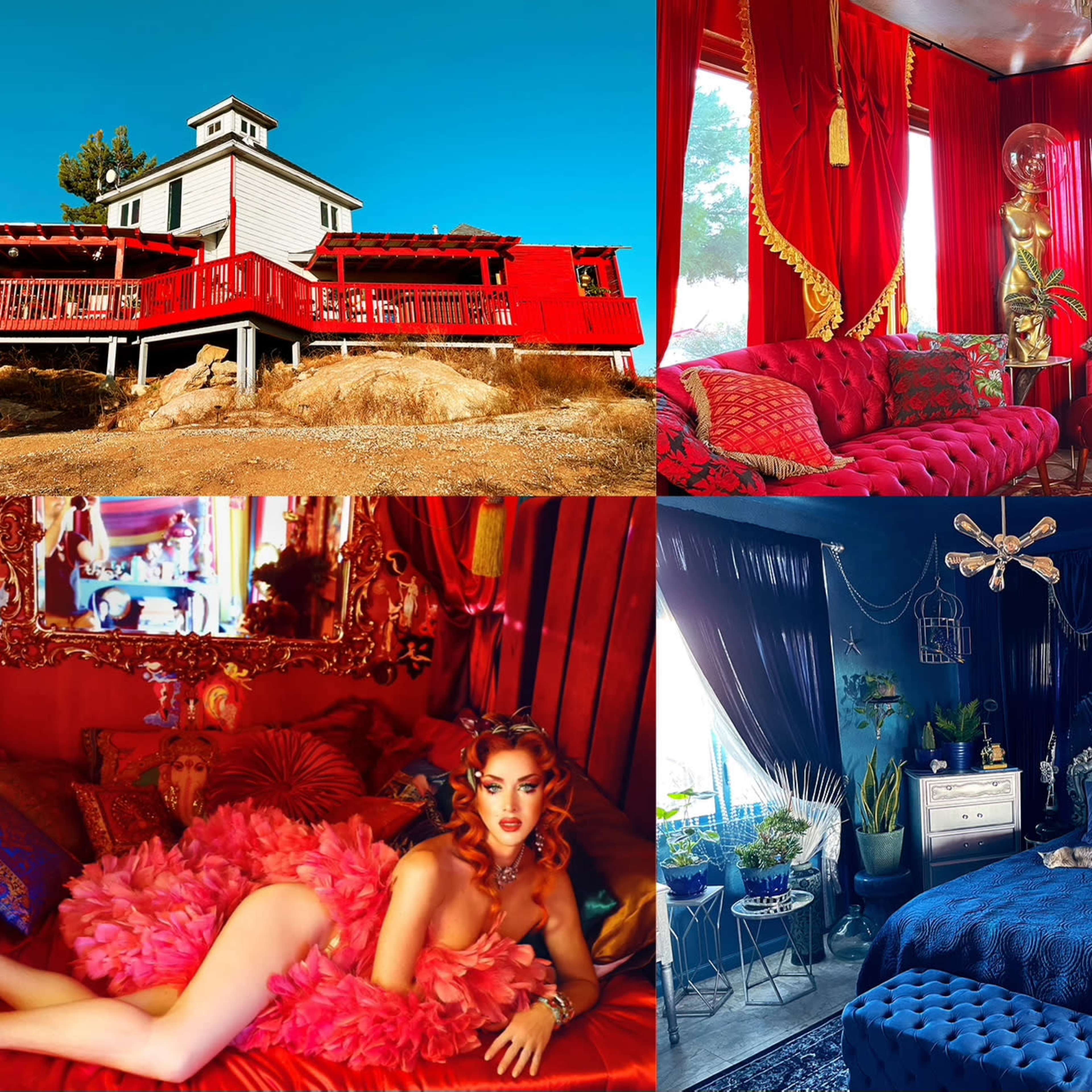 Four distinct scenes: a red, two-story house on a hillside, a luxury living room with red curtains and plush furniture, a glamorous bedroom with dark blue tones, and a model in a bold outfit lounging in a richly decorated setting.