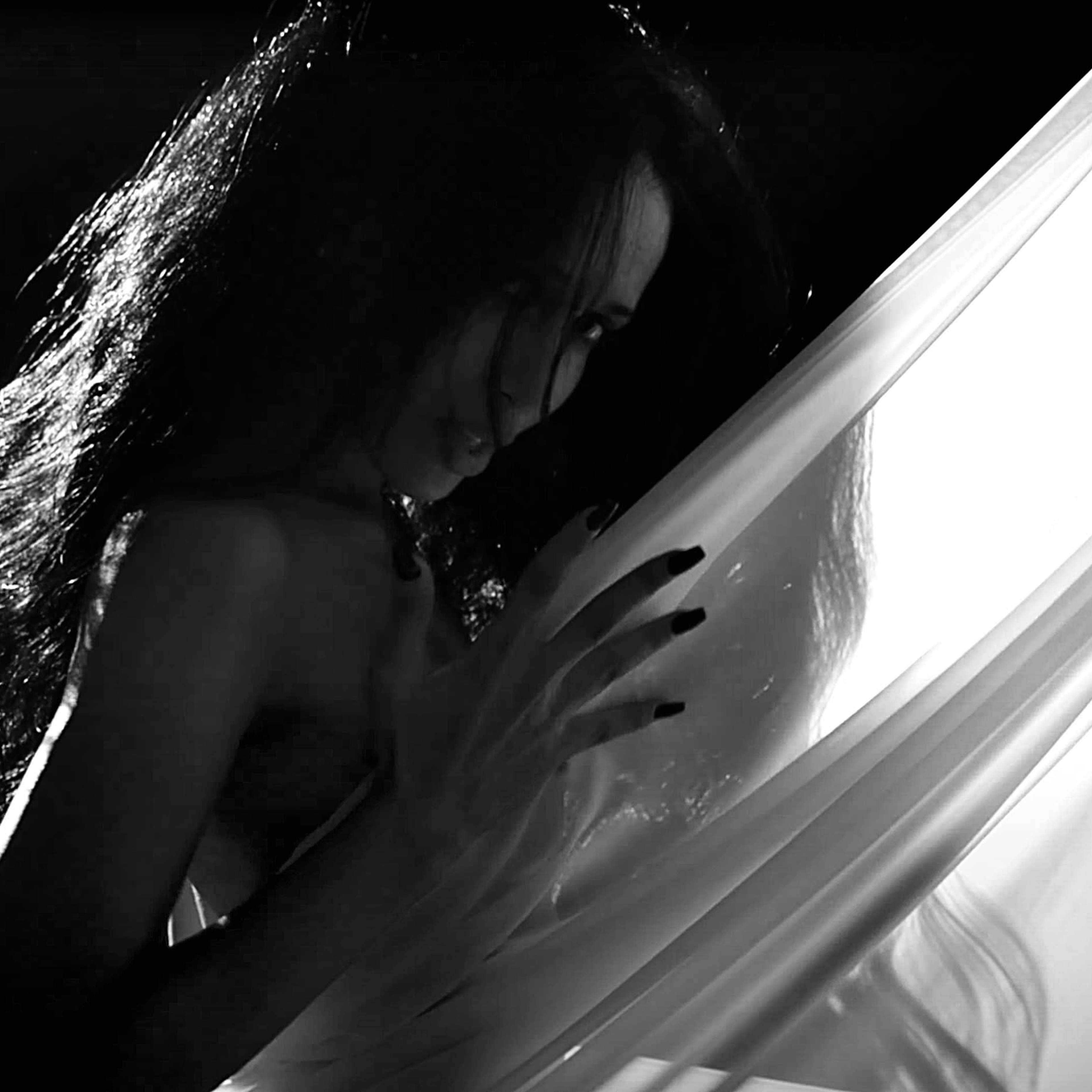 A woman holds a flowing sheer fabric in front of her, creating a contrast against a dark background.
