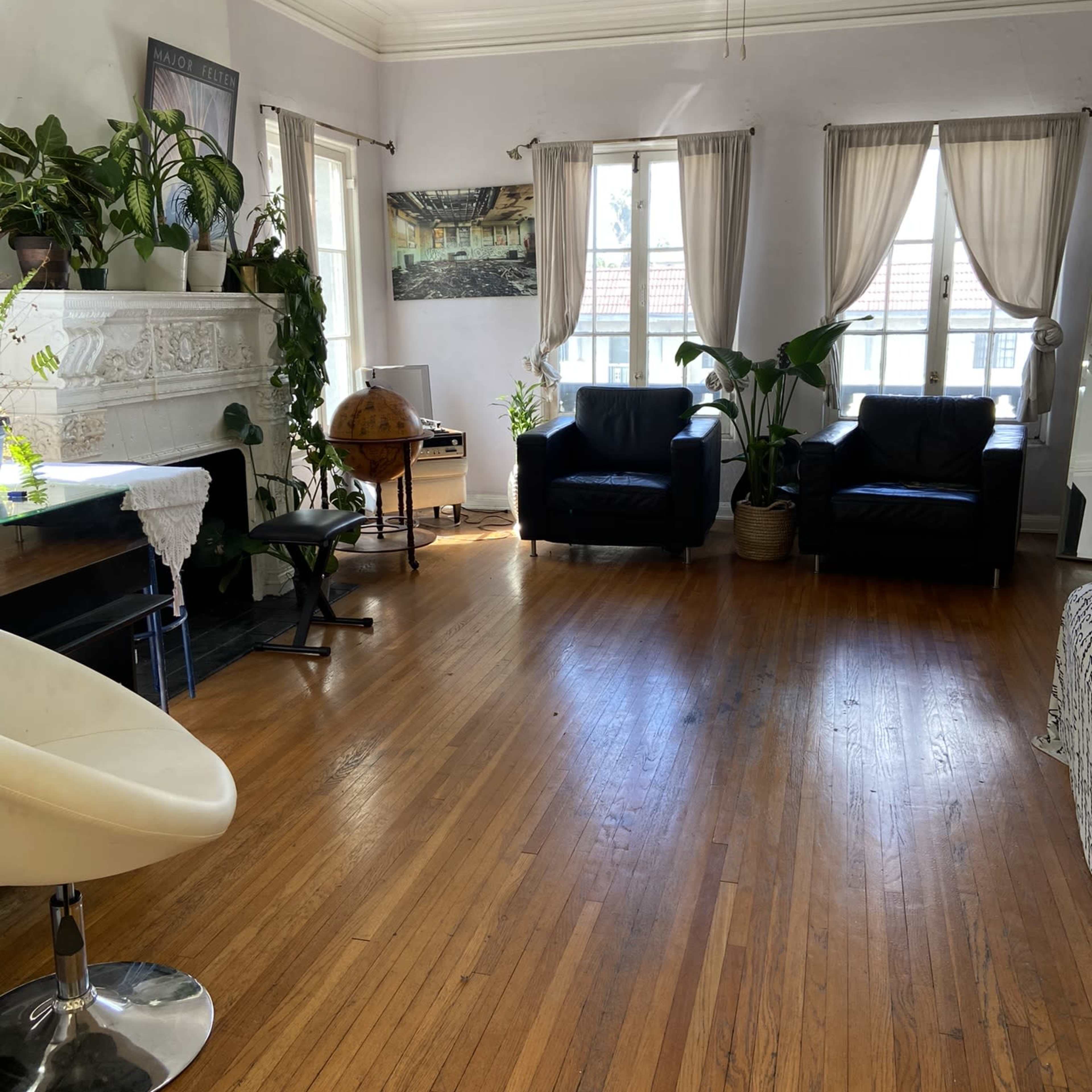 The room features wooden flooring, two black leather chairs, a globe, large windows with curtains, and various indoor plants arranged throughout.