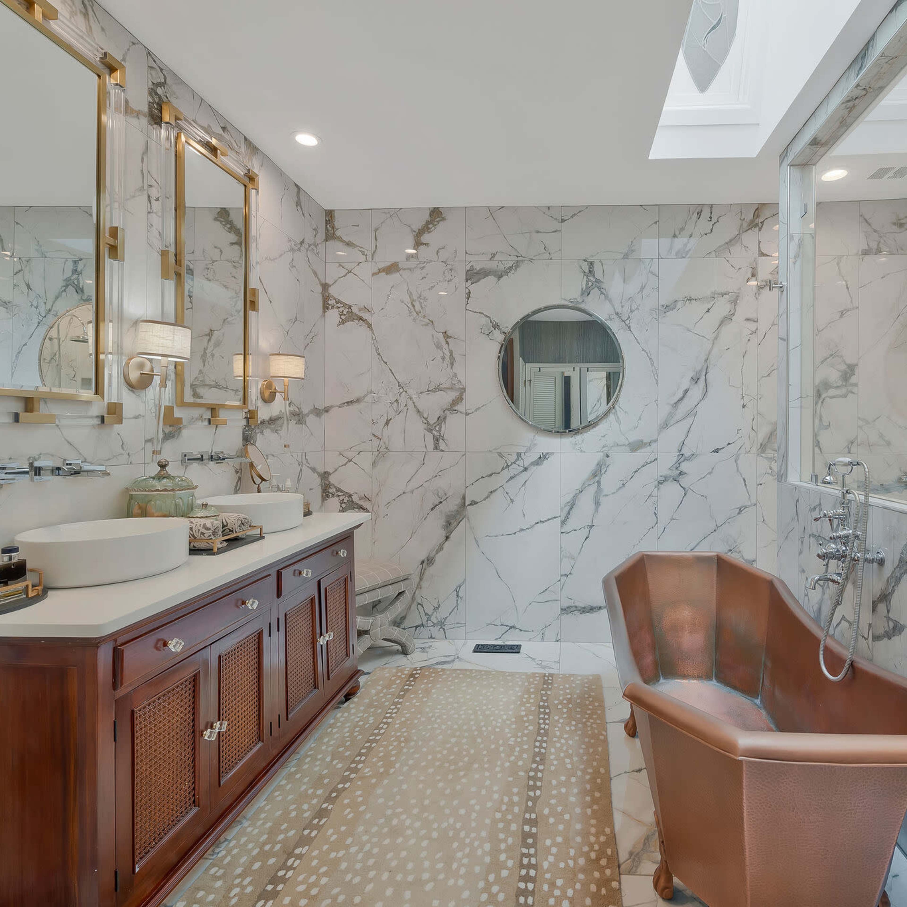 A modern bathroom featuring marble walls, a copper bathtub, dual sinks with decorative mirrors, and a glass shower enclosure.