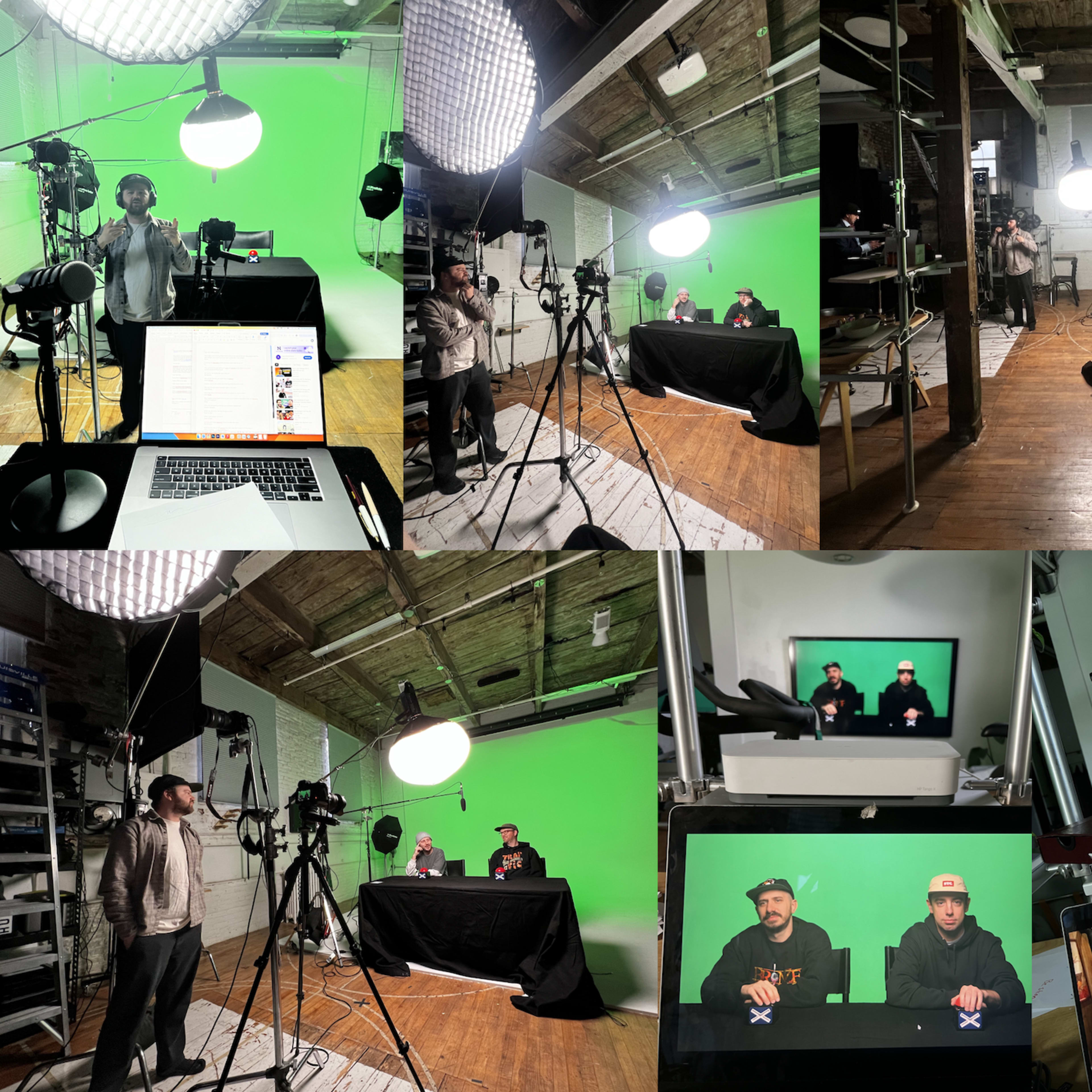 A film production setup features multiple cameras, lights, a green screen, and monitors displaying two subjects being recorded in a studio environment.