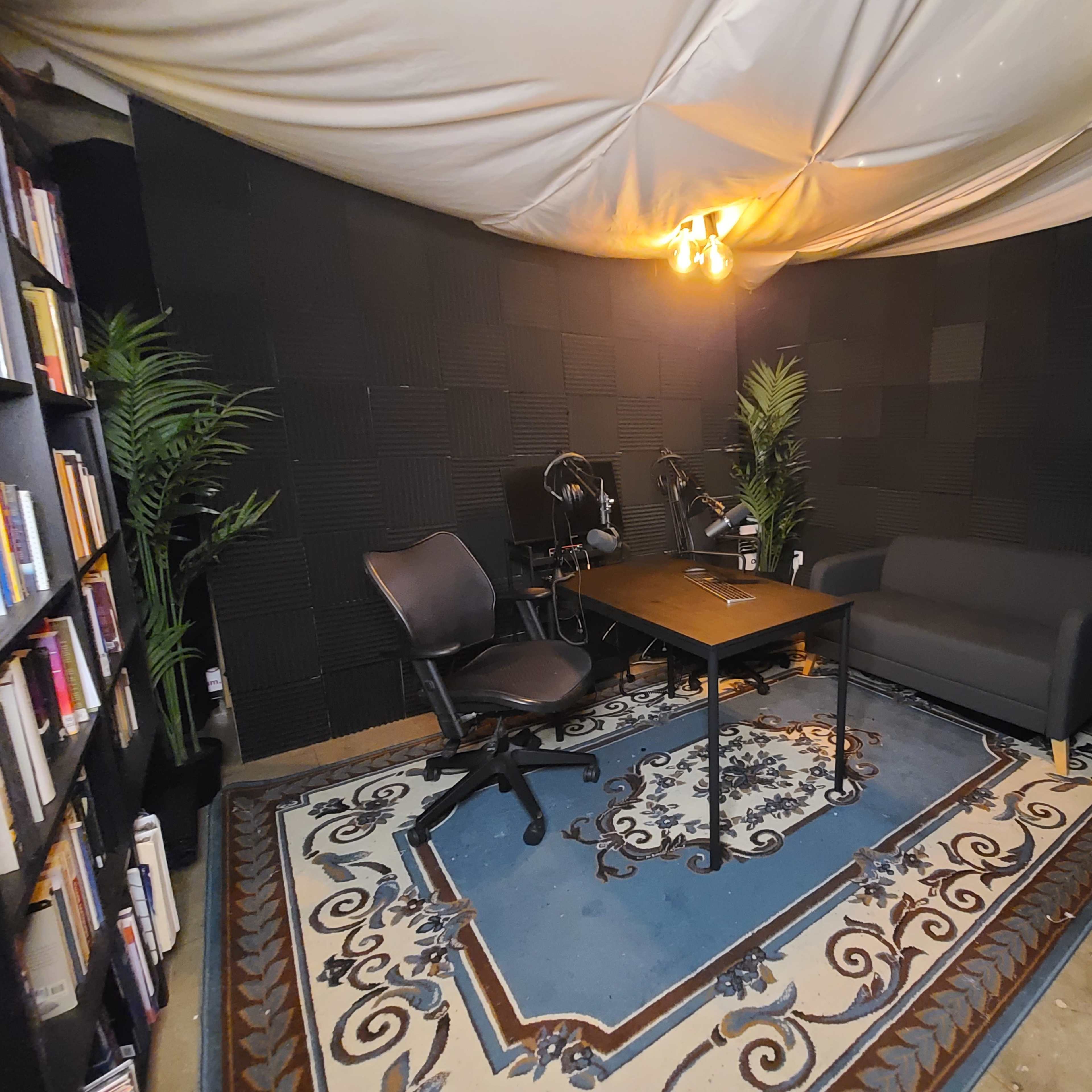 A small, dimly lit room with a table, a chair, a couch, plants, and bookshelves against the walls.