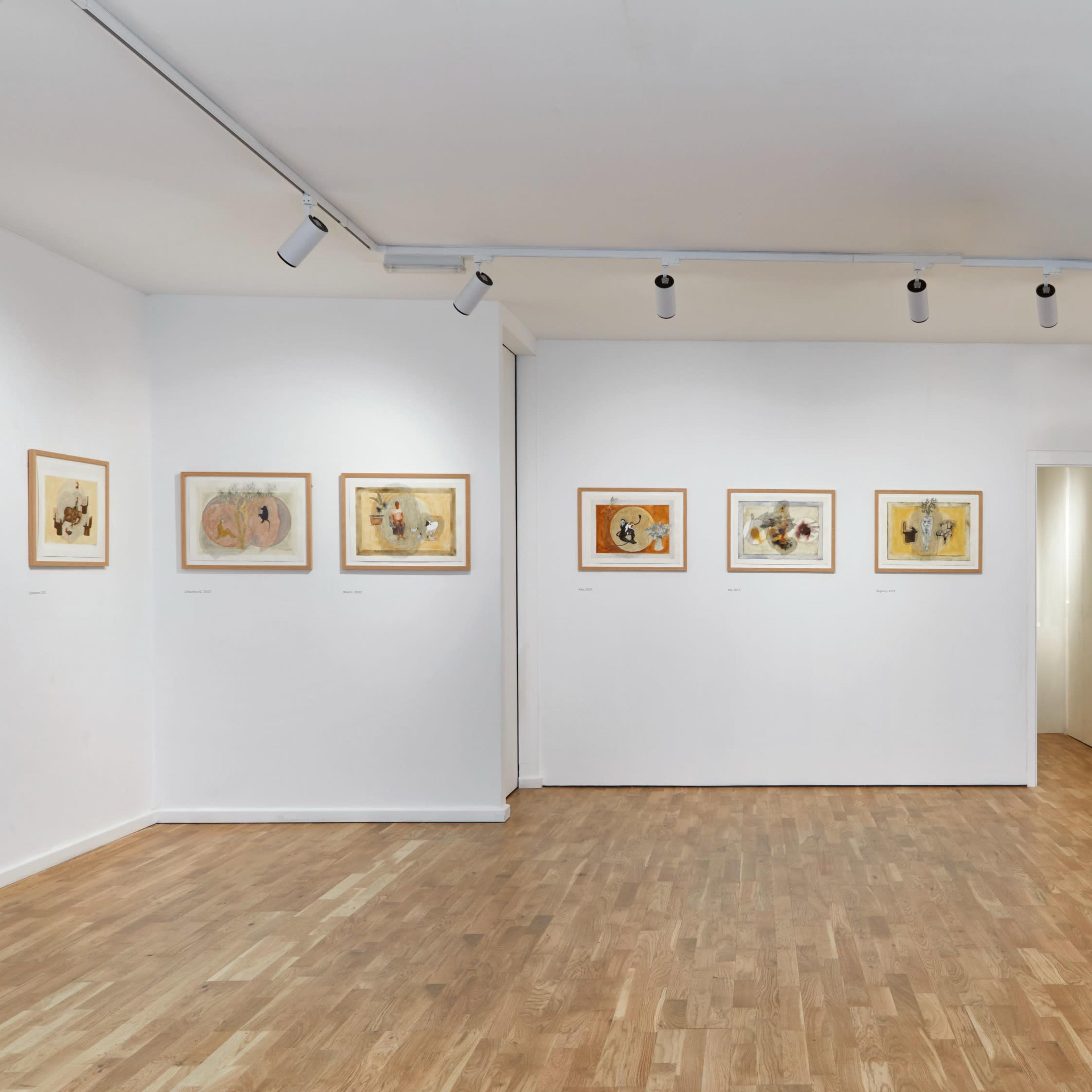 An art gallery with framed artworks displayed on white walls and wooden flooring.