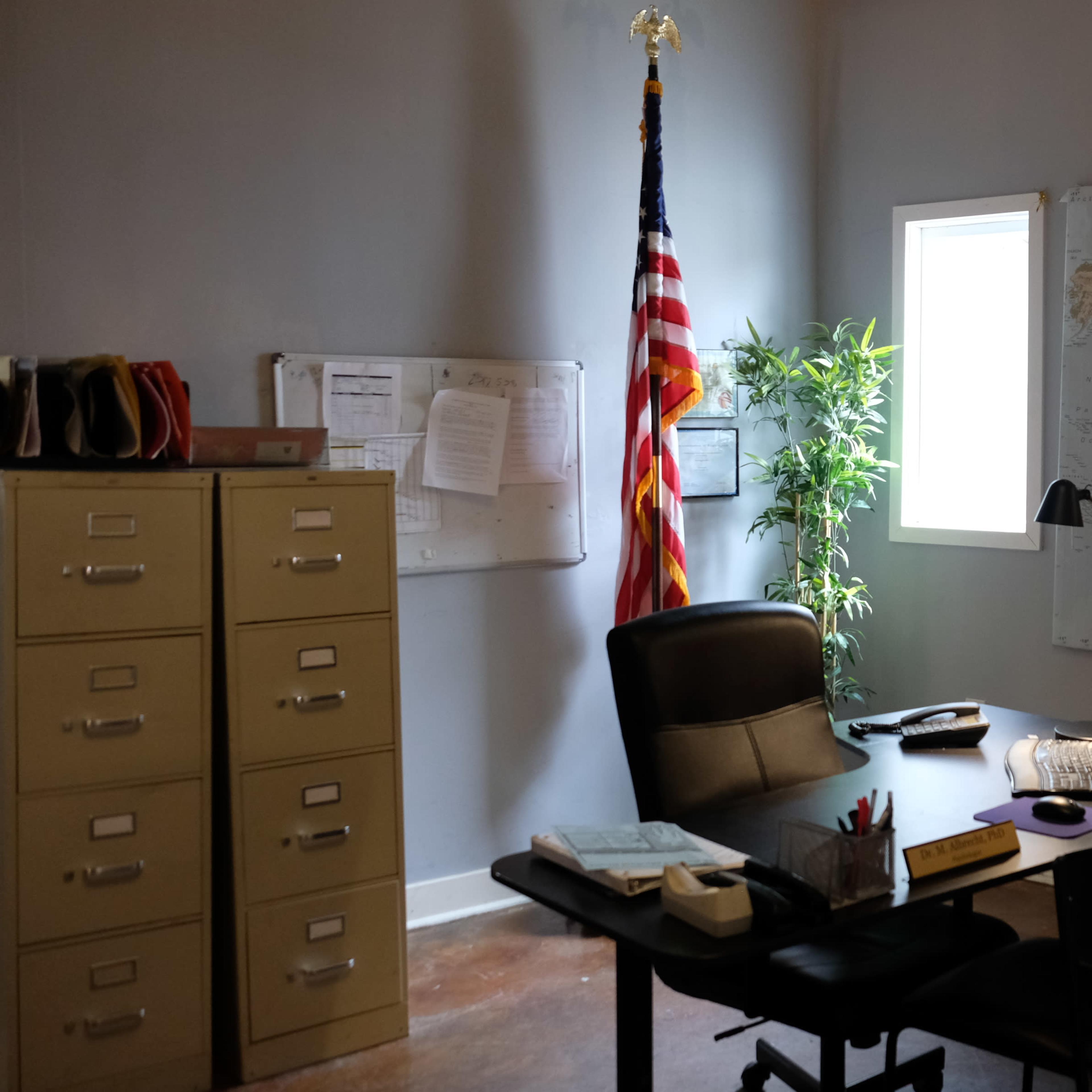 An office space with a desk, an American flag, a world map on the wall, and a plant beside a window.