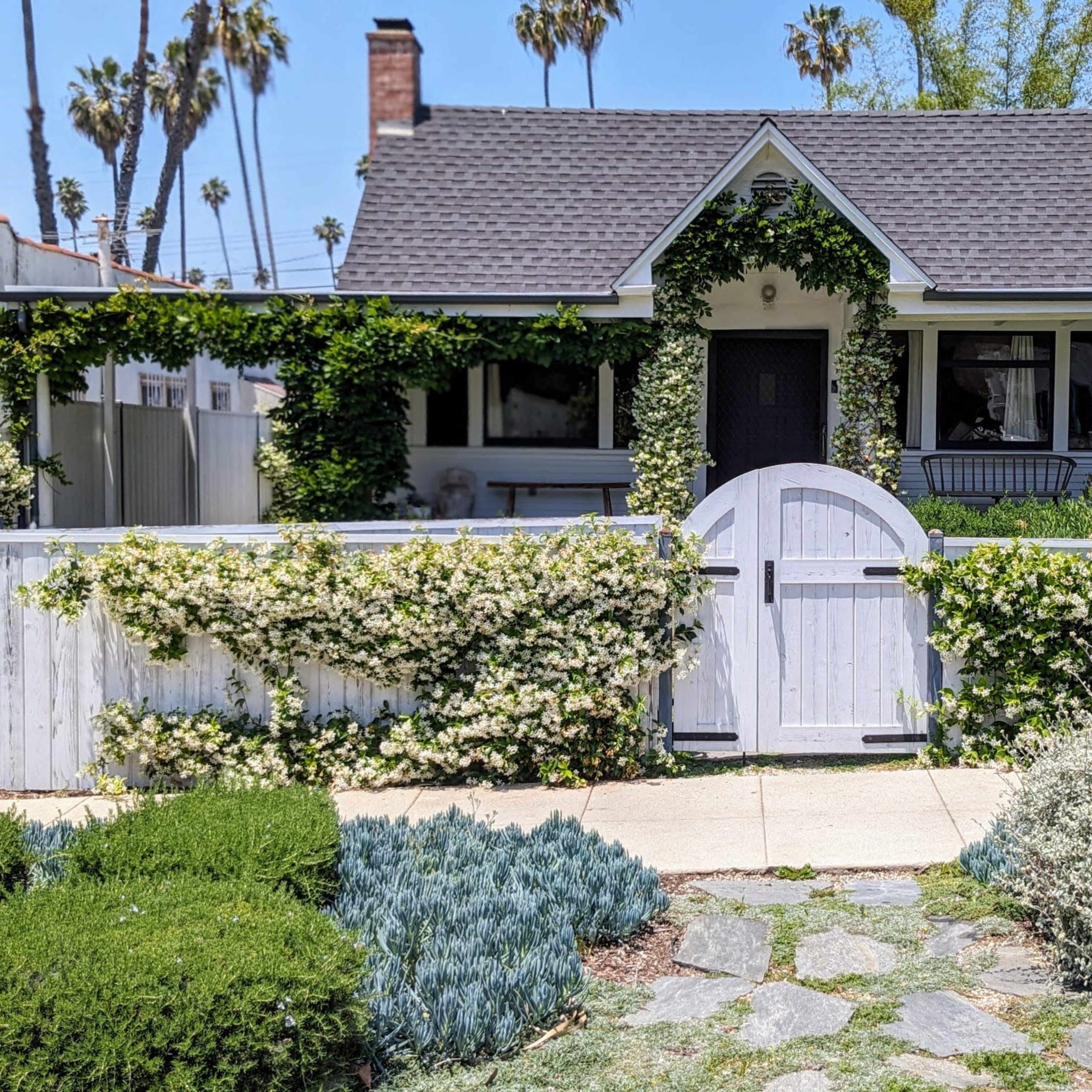 A white picket fence adorned with climbing greenery surrounds a charming, cottage-style house with a gray roof and a well-maintained front yard.
