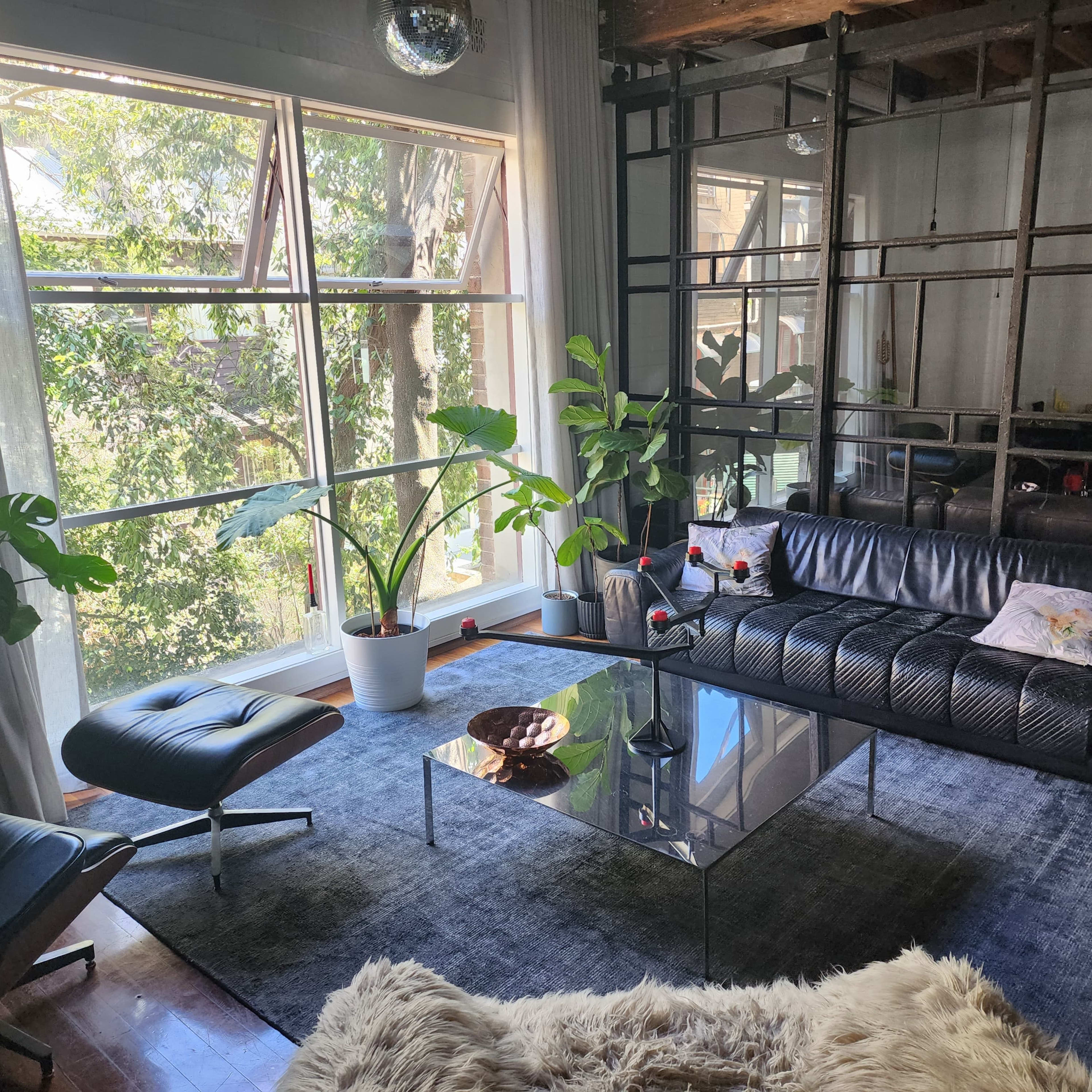 A modern living room features a large window with greenery outside, a black leather sofa, a glass coffee table, and several potted plants.