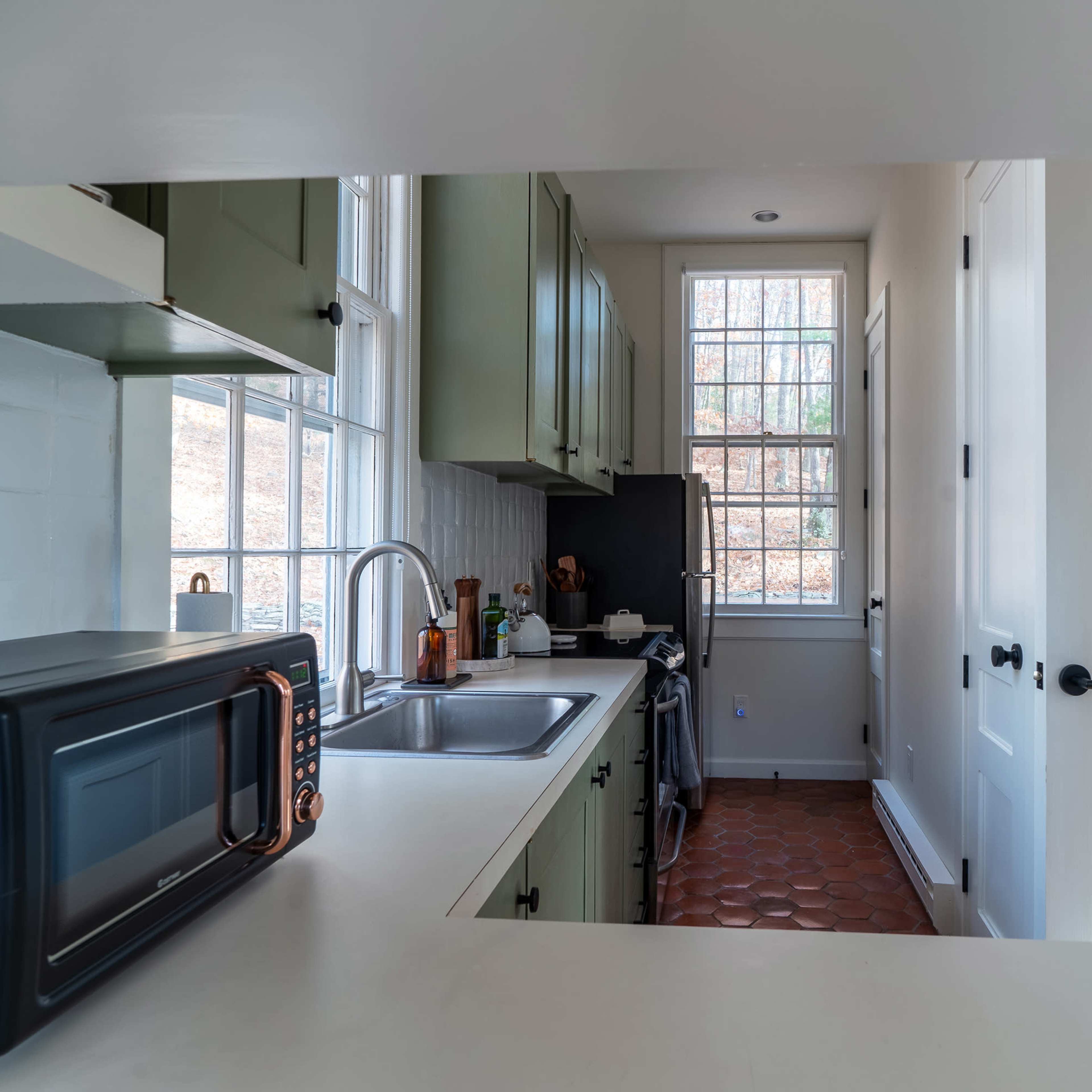 A kitchen features a sink and microwave, with green cabinets and a view of a window and a door.