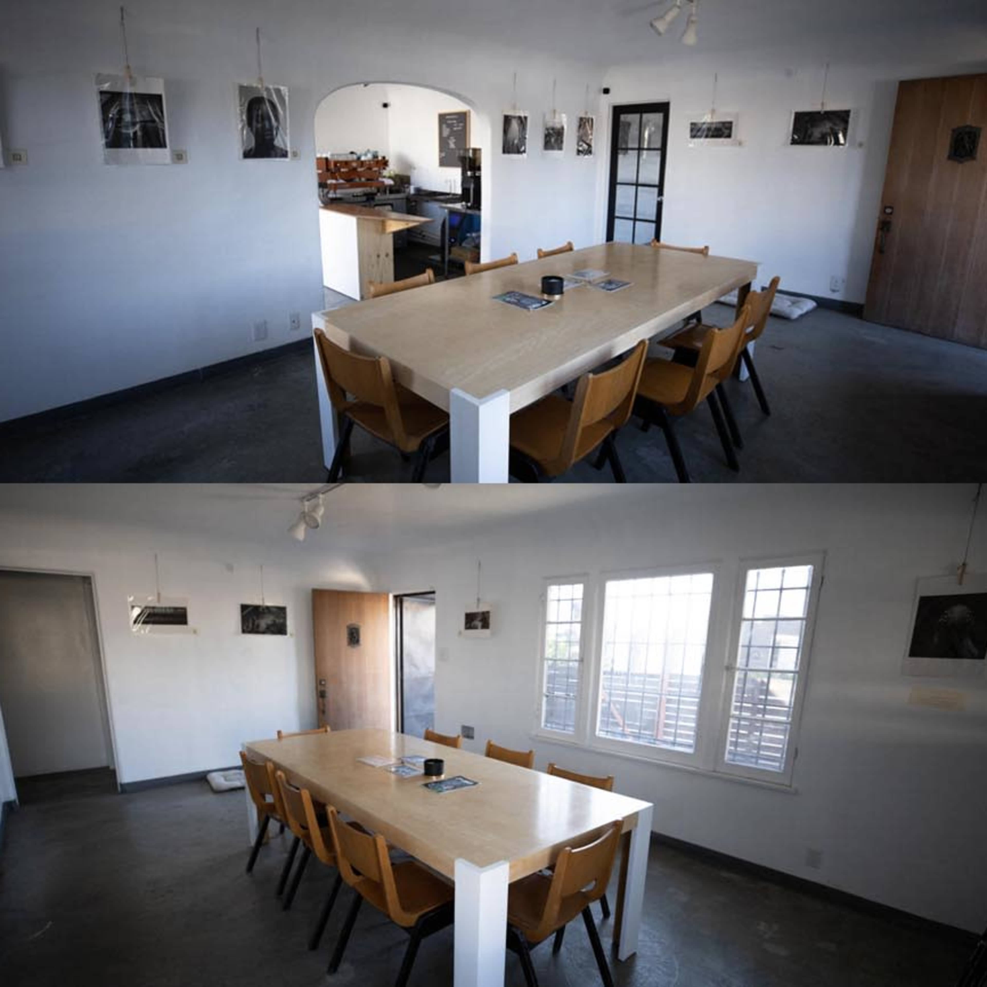 The interior and exterior of a small establishment featuring a dining area with wooden tables, chairs, and a kitchen in a well-lit space.