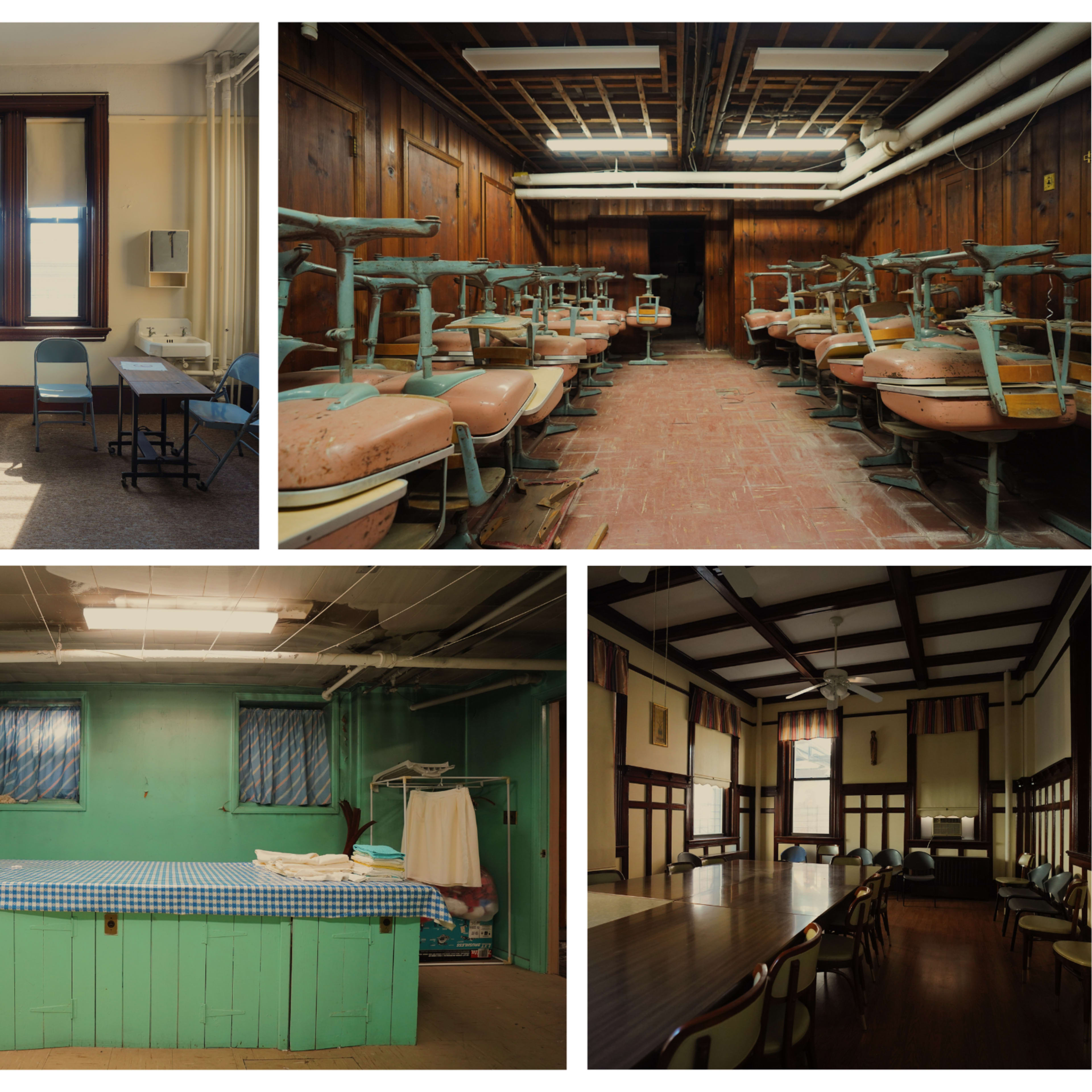 Four distinct views of an abandoned building, including a waiting area with chairs, a room filled with old treatment chairs, a wash area with a sink, and a large dining or meeting space with a long table.