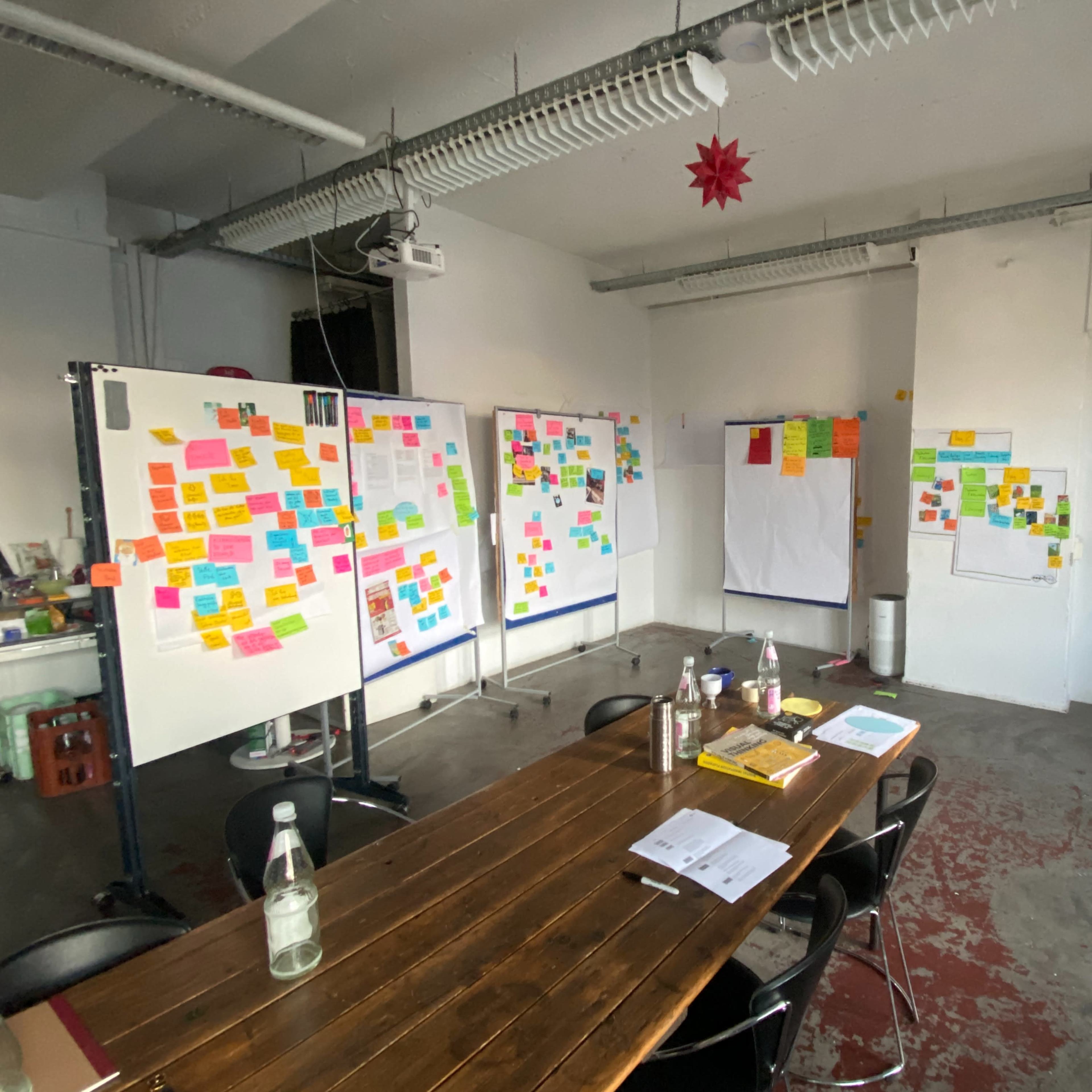 A meeting room features a long table surrounded by chairs, with walls covered in colorful sticky notes and a large blank sheet of paper on display.