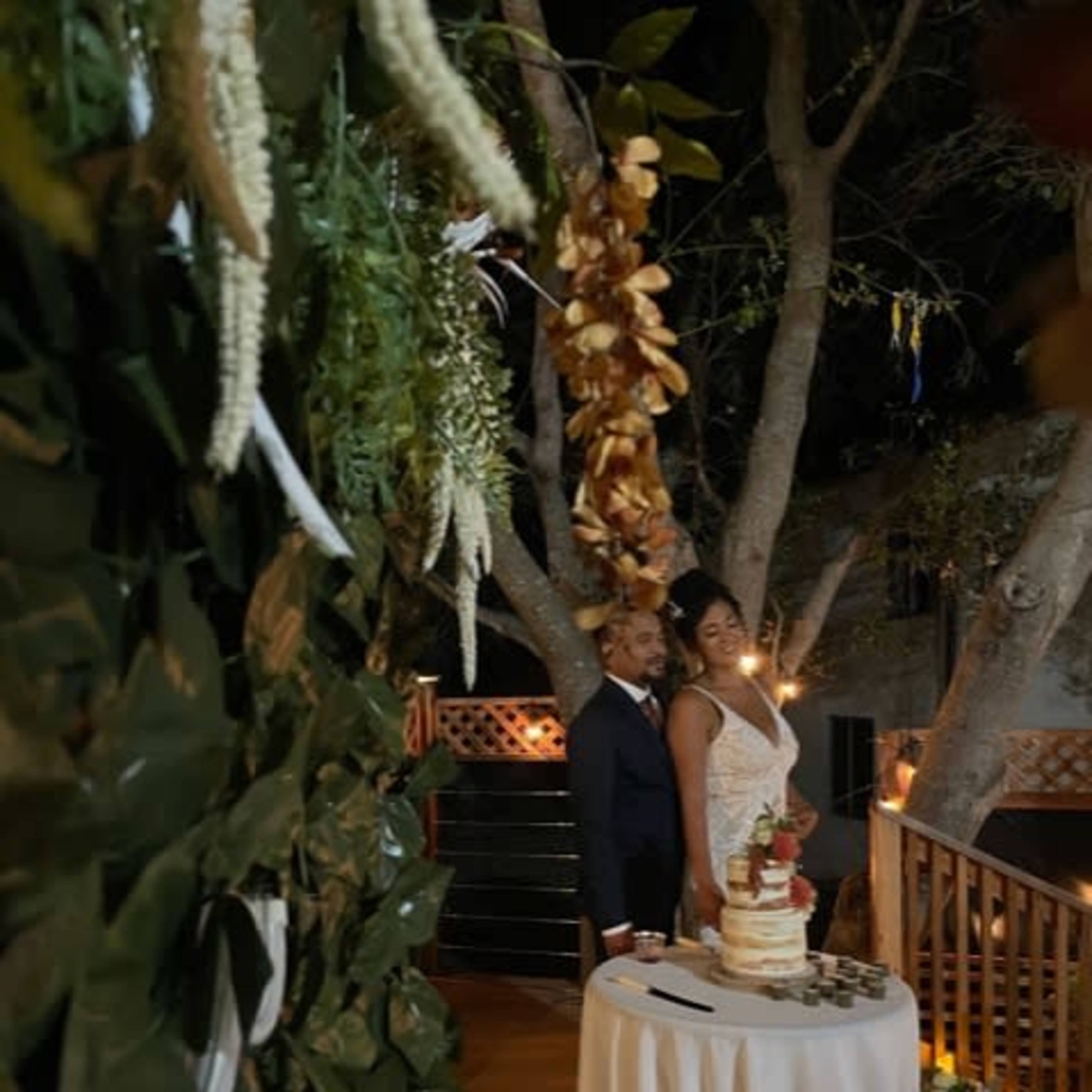 A couple stands beside a wedding cake on a table decorated with flowers in a softly lit outdoor venue surrounded by trees.