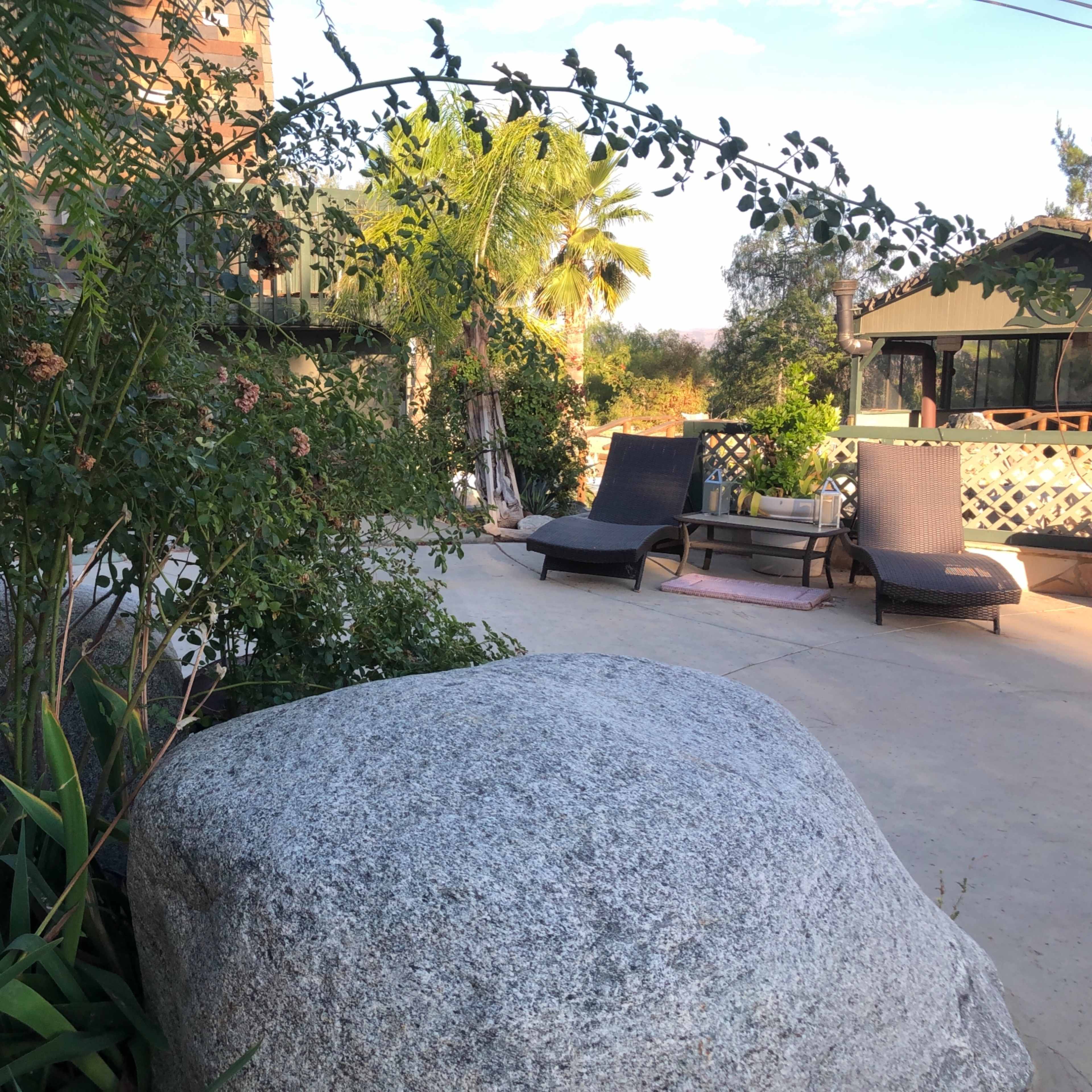 The scene features a courtyard with large rocks, tropical plants, and lounge chairs under a clear sky.