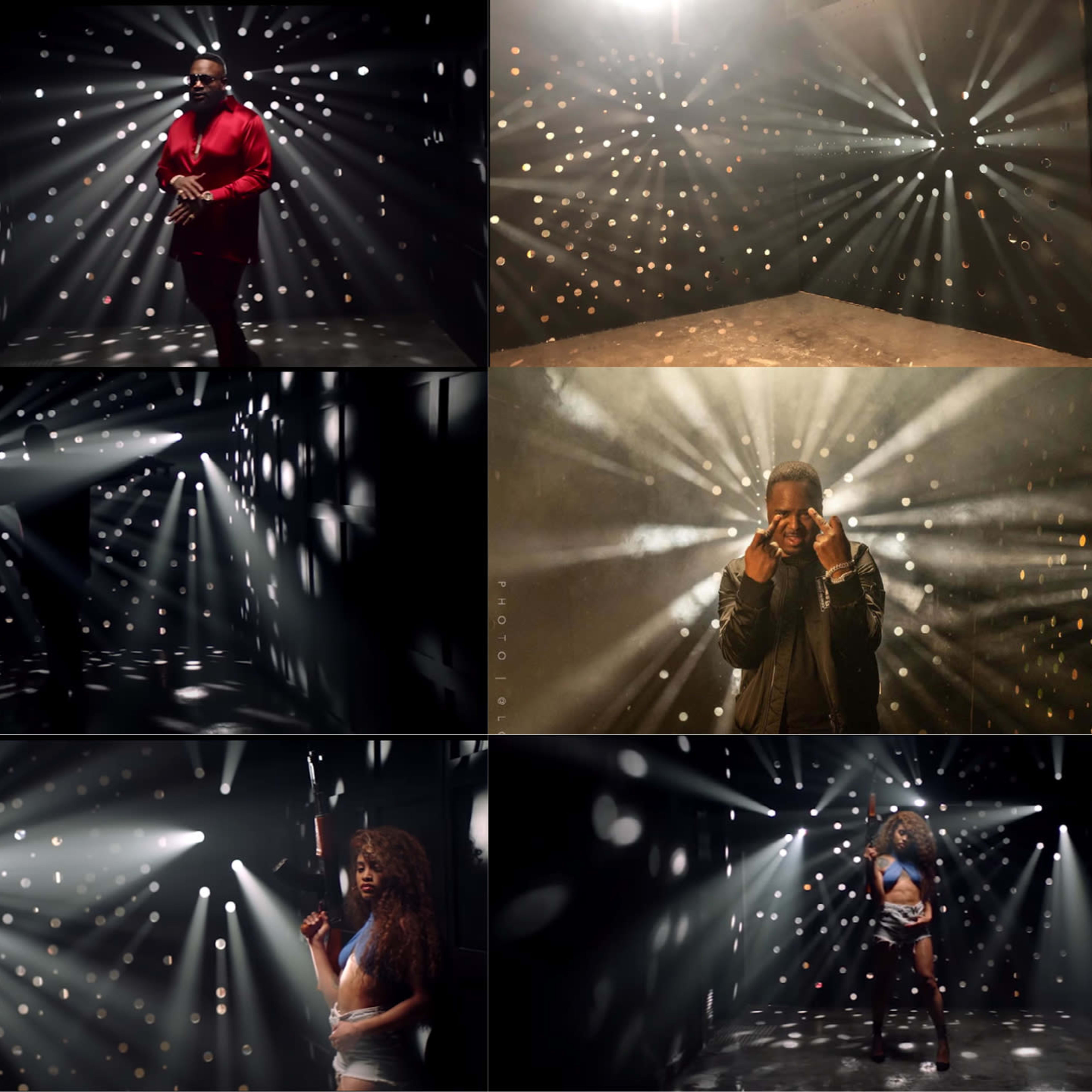 Multiple scenes featuring performers in various lighting setups, with beams of light cutting through a dark space, creating a dynamic visual effect.