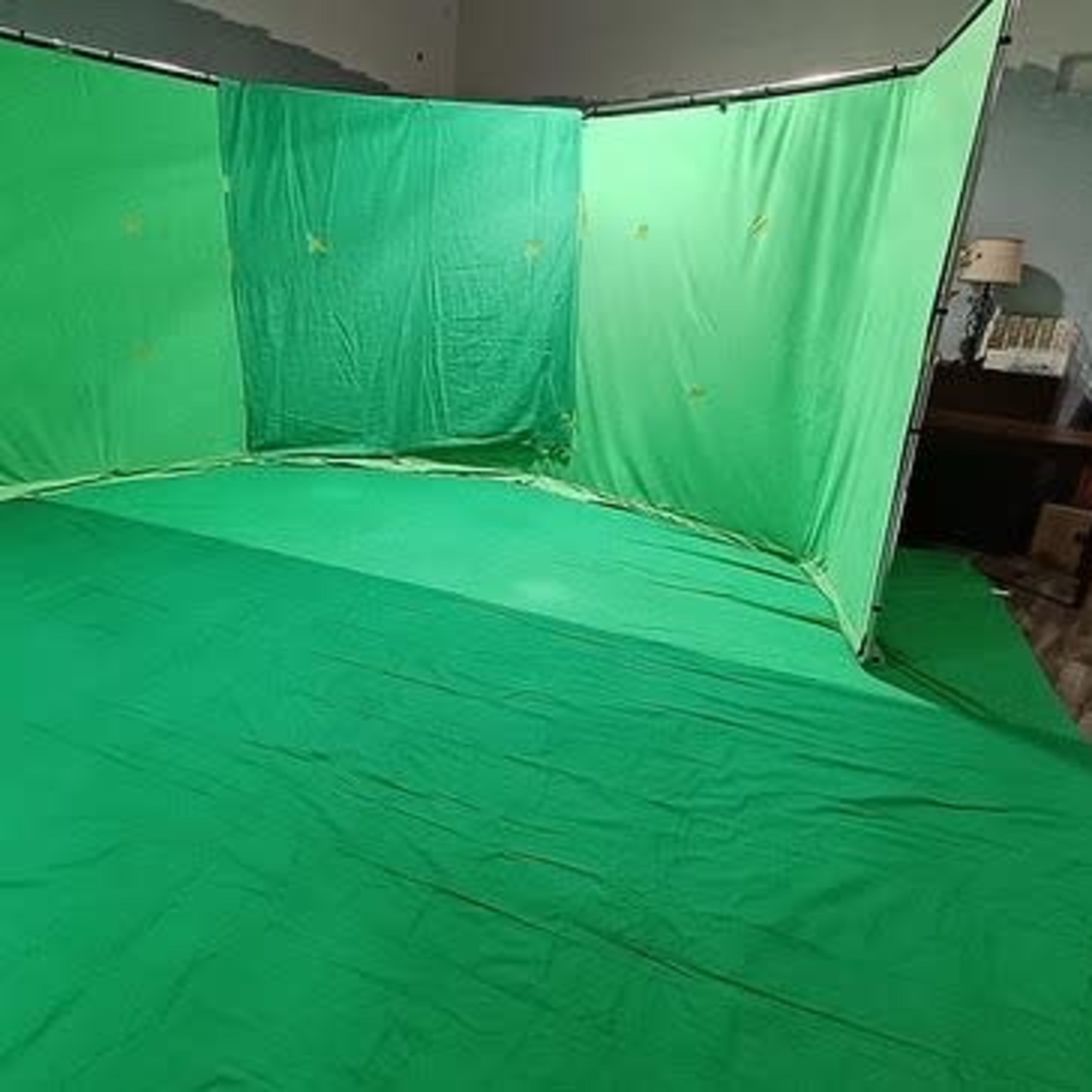 A room is set up with green fabric panels and a green floor covering, creating a green screen area for filming or photography.