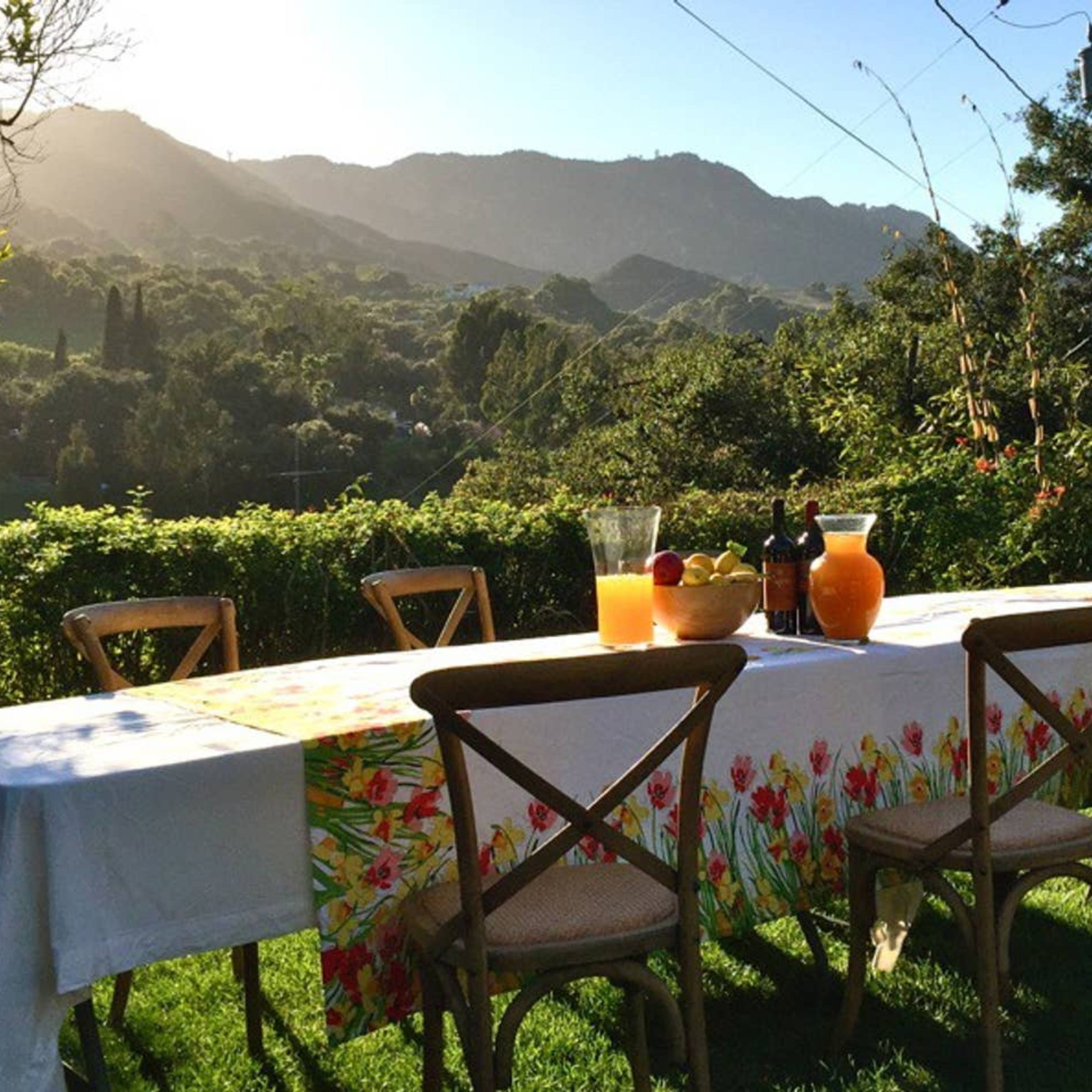 A long table set outdoors with a floral tablecloth, surrounded by mountains and greenery in the background.