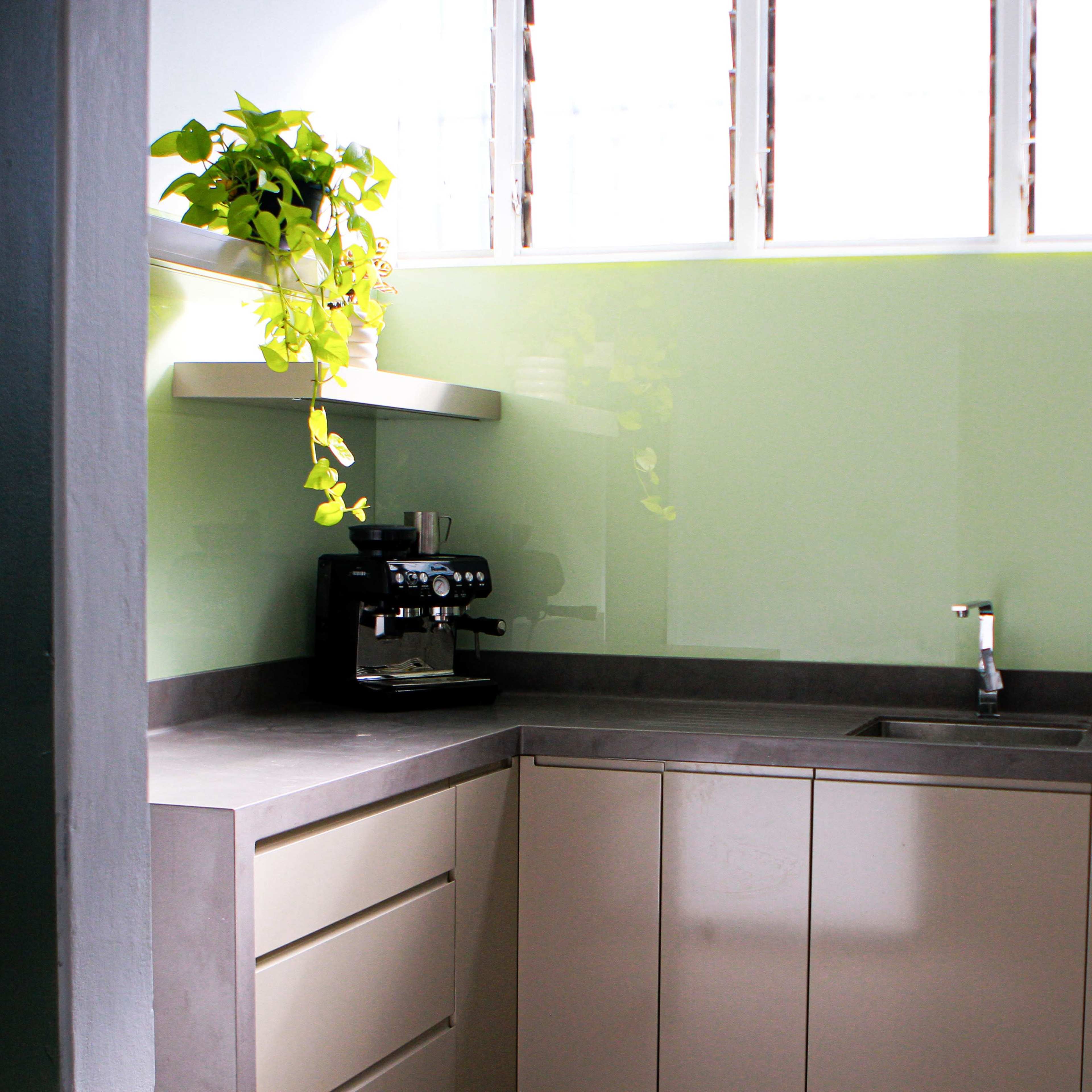 A modern kitchen with light green walls, gray countertops, a shelf with a potted plant, and a coffee machine on the counter.