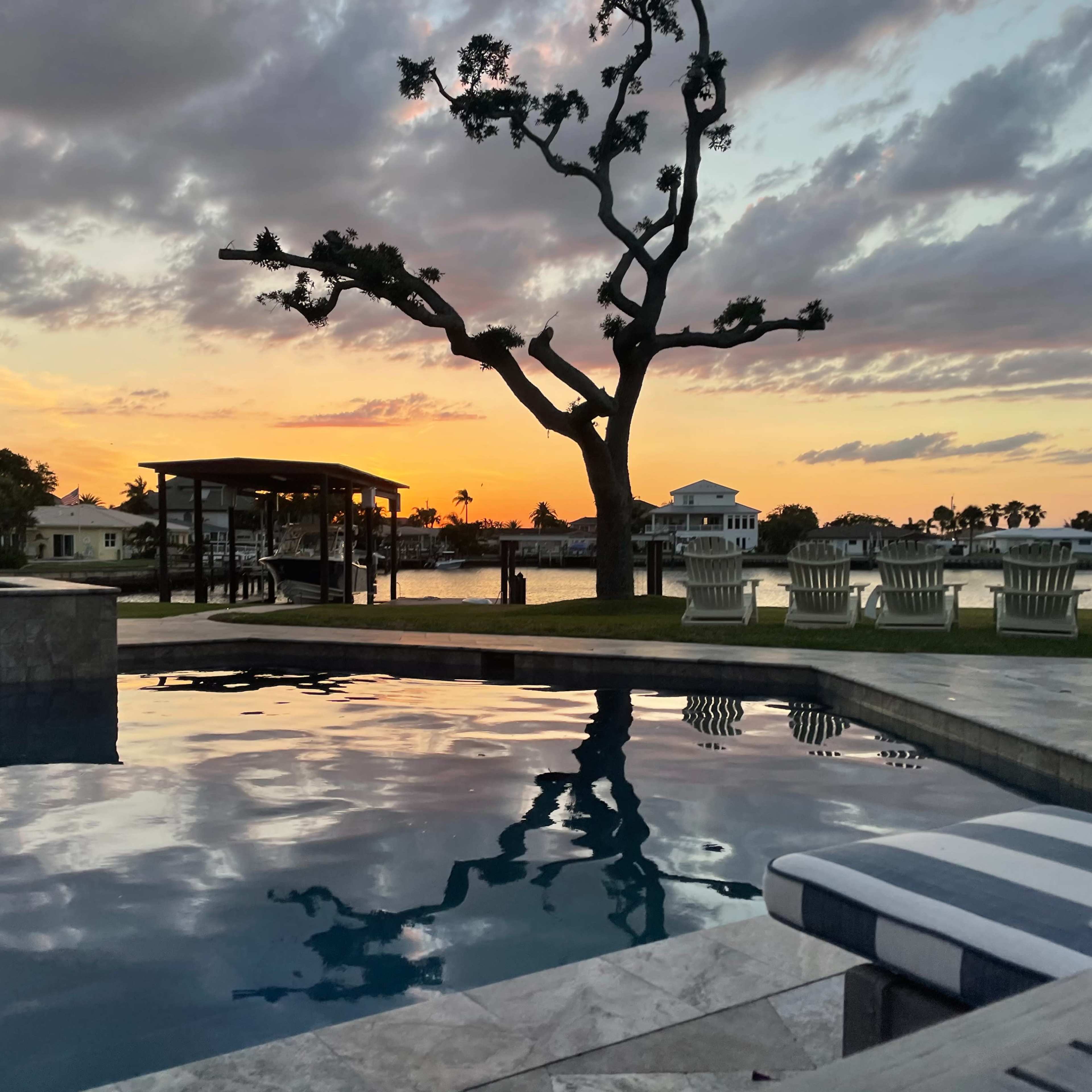 A modern house with a swimming pool and a stone patio surrounded by green grass and trees.