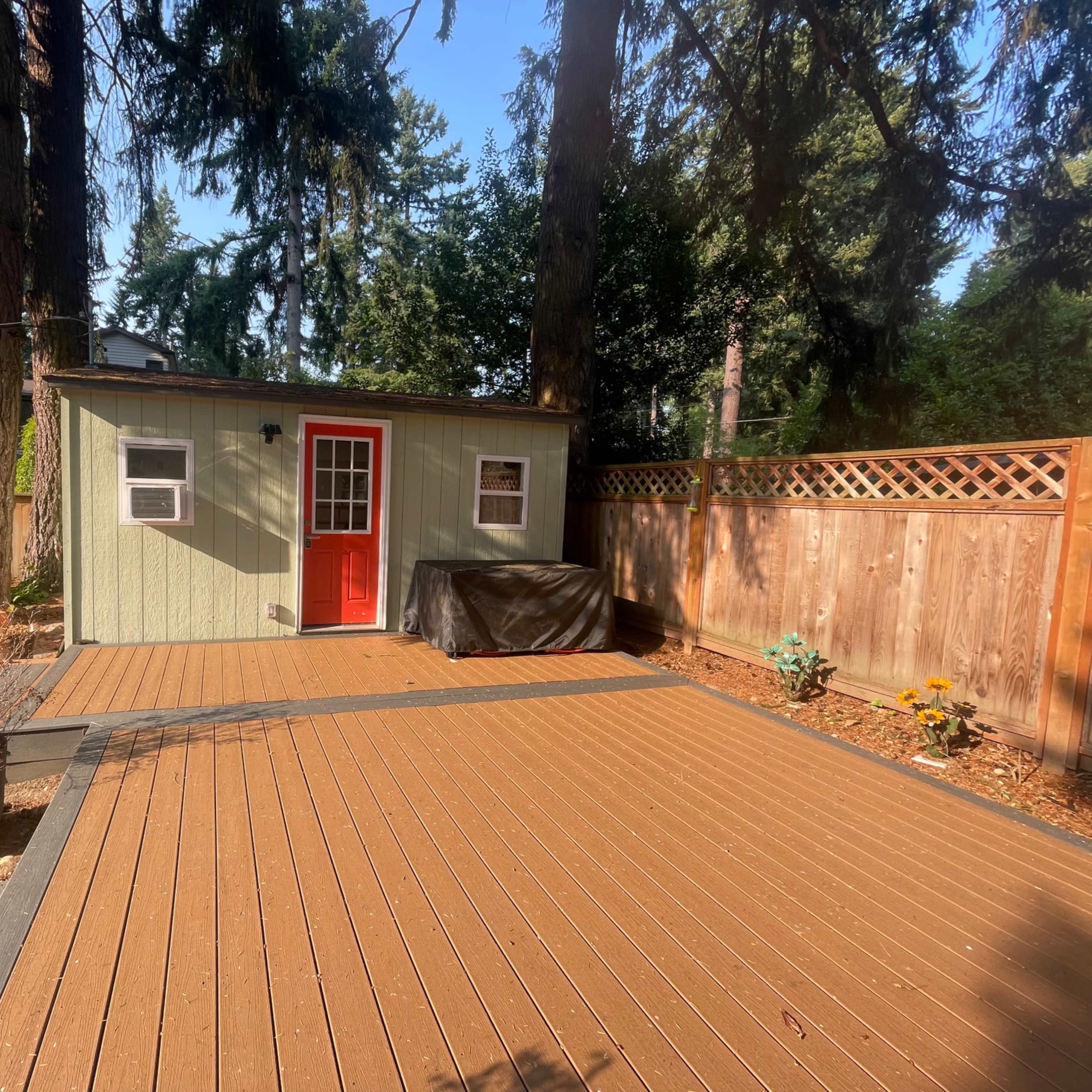 A small green shed with a red door, surrounded by tall trees and a wooden decked area.