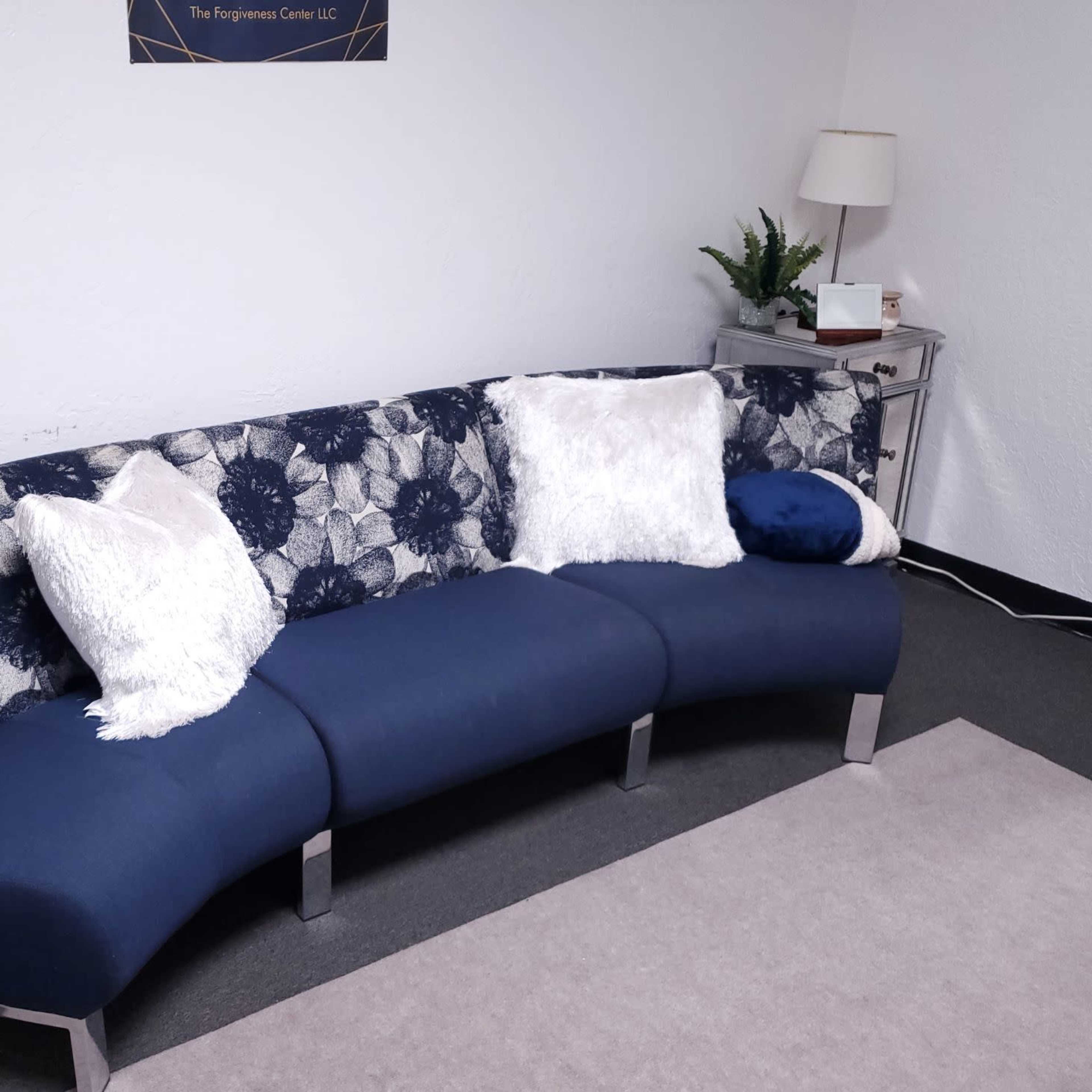 A curved navy blue sofa with decorative pillows sits against a white wall in a room with a small side table and a plant.
