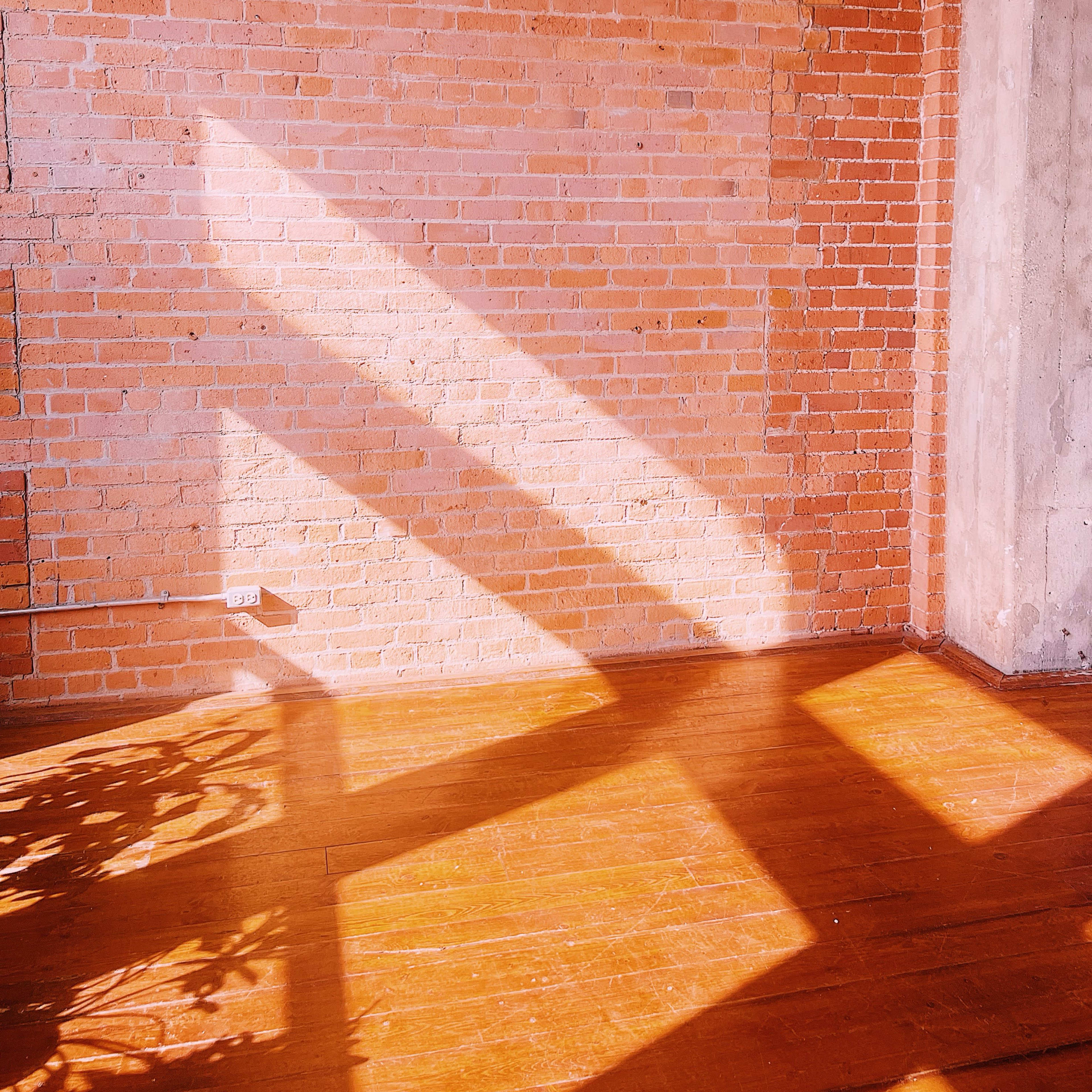 Sunlight casts long shadows across a wooden floor and exposed brick wall in an empty room.