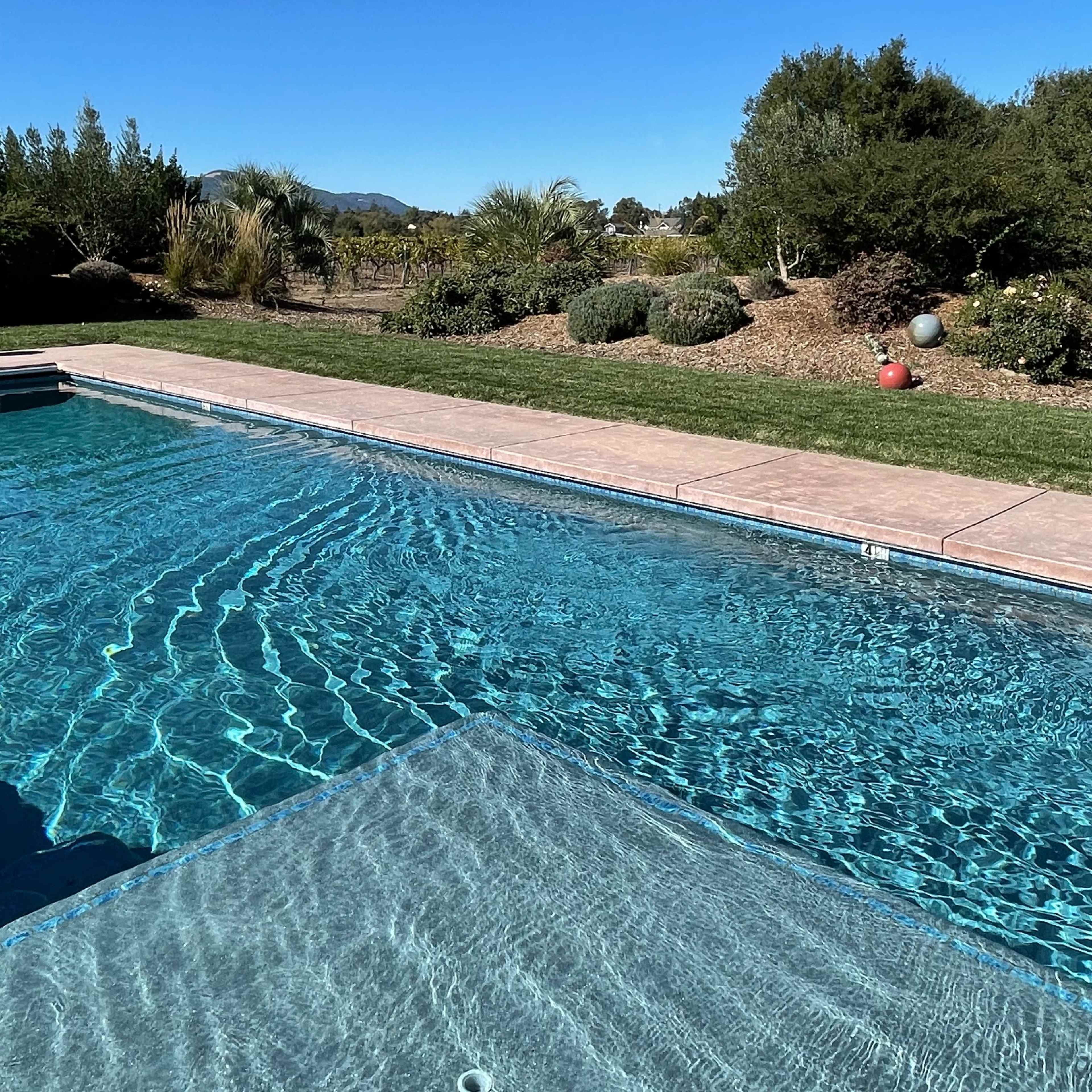 A clear swimming pool surrounded by landscaped greenery and hills in the distance under a blue sky.