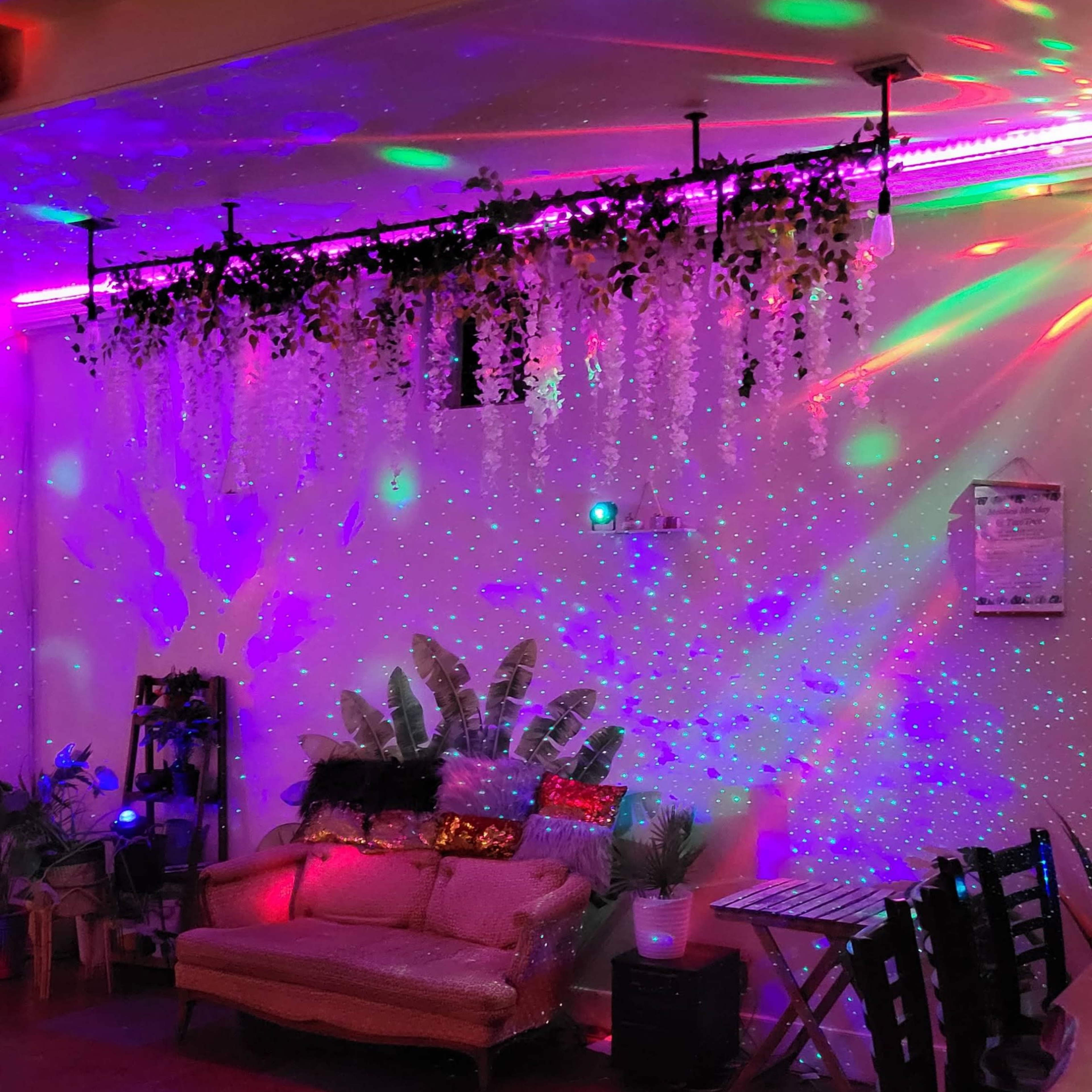 A brightly colored room with decorative lighting, a couch adorned with cushions, and plants arranged on the walls.