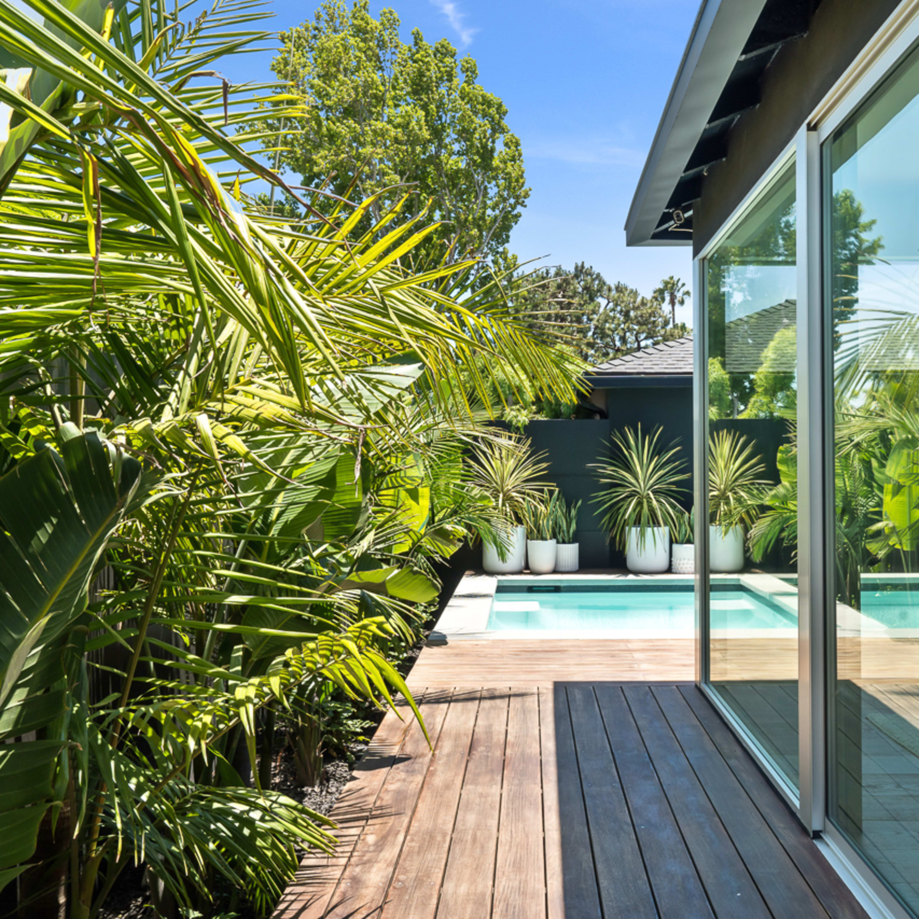 A pathway lined with greenery leads to a pool area visible through large glass doors.