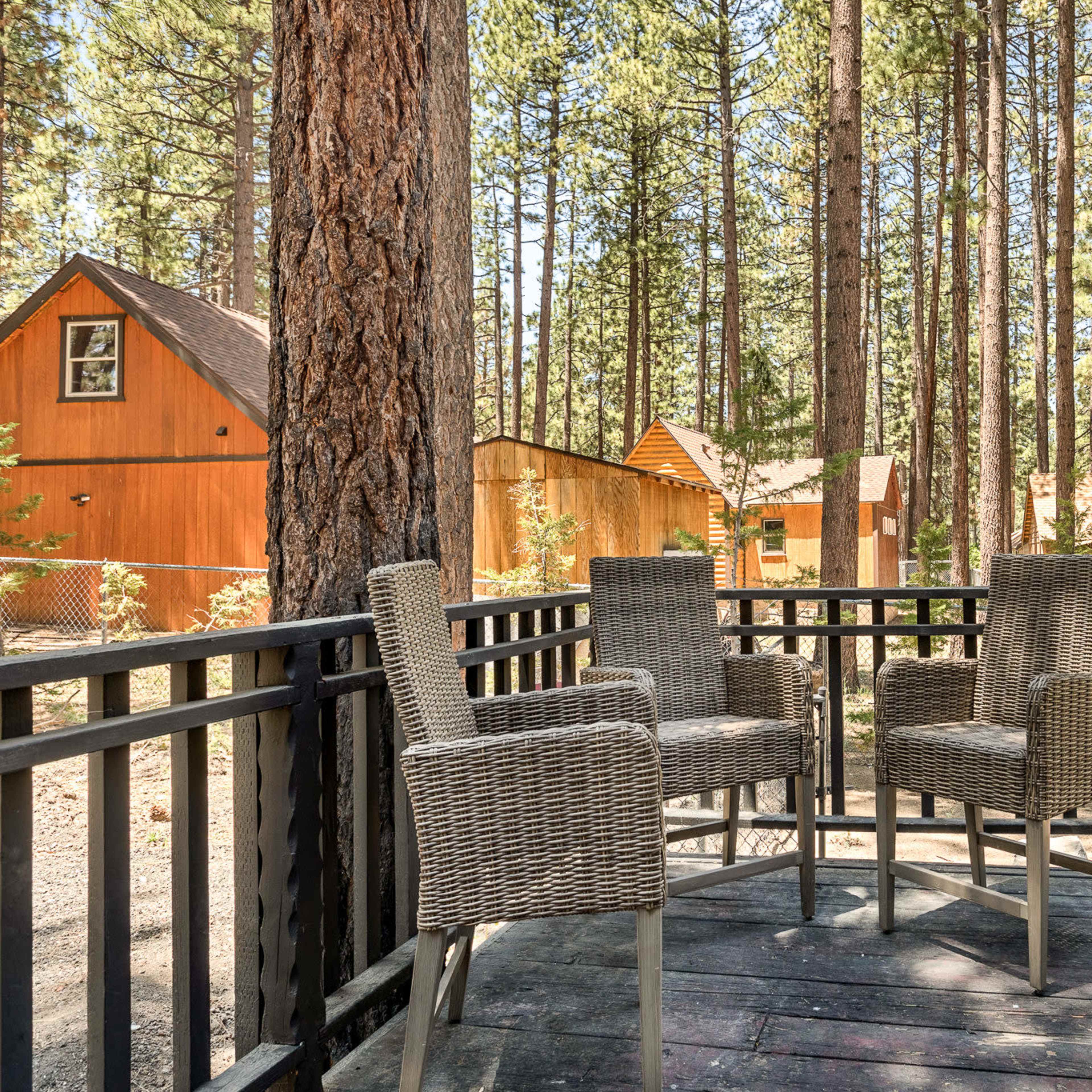 A wooden deck surrounded by tall trees features two wicker chairs facing the forest.