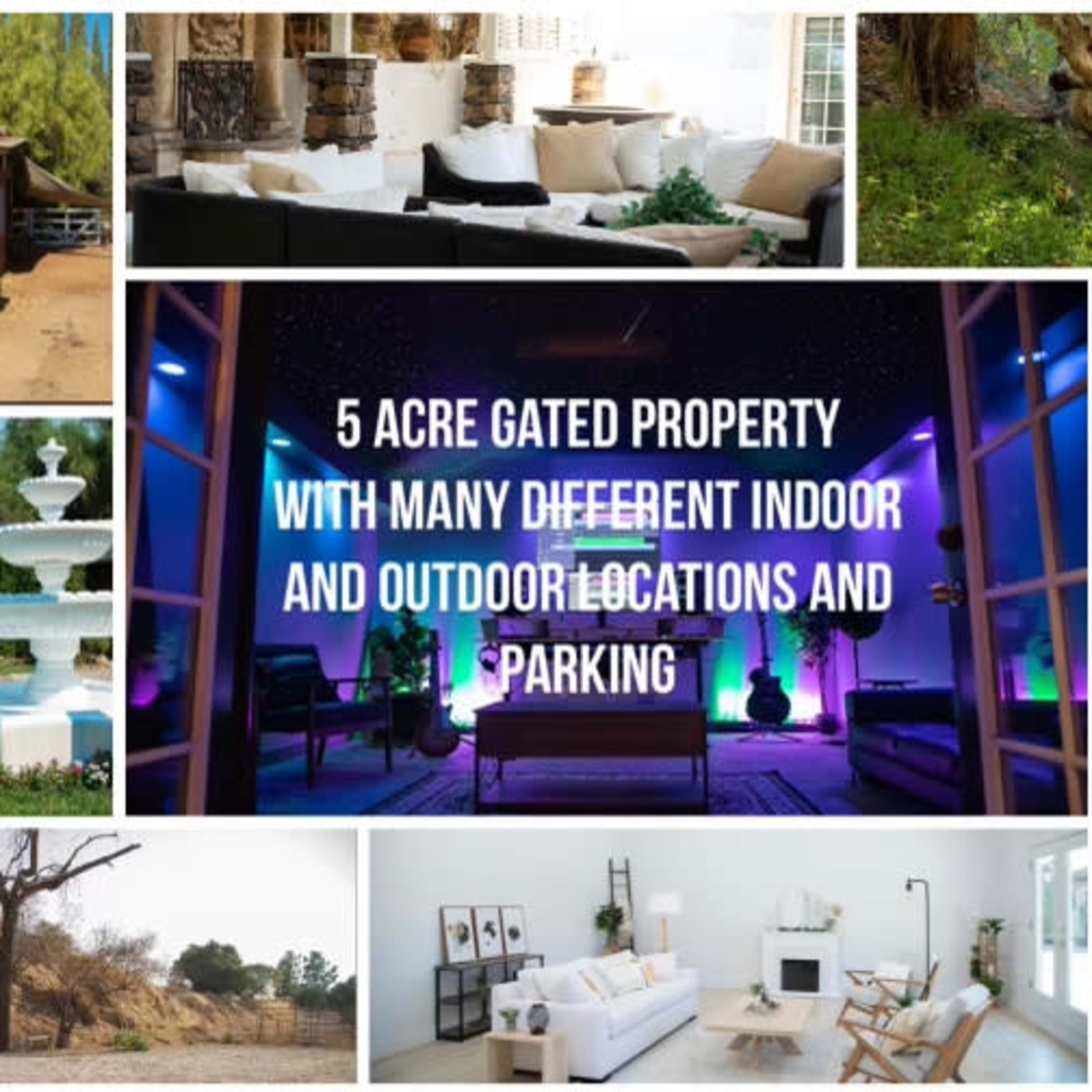 A 5-acre gated property featuring various indoor and outdoor settings, including a house, a fountain, trees, and an open area for parking.