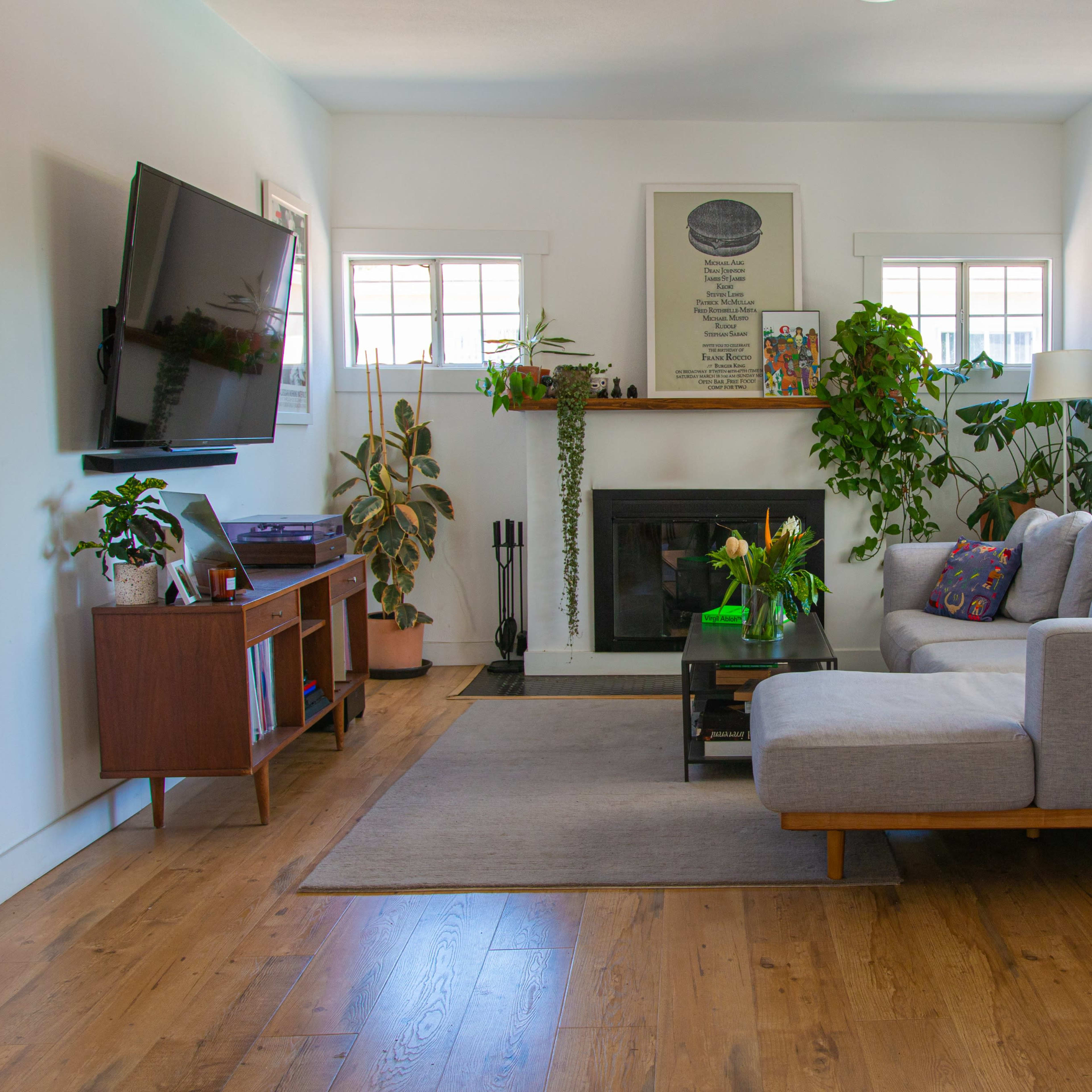 A living room features a gray sofa, a television mounted on the wall, a fireplace flanked by plants, and a coffee table with decorative items.