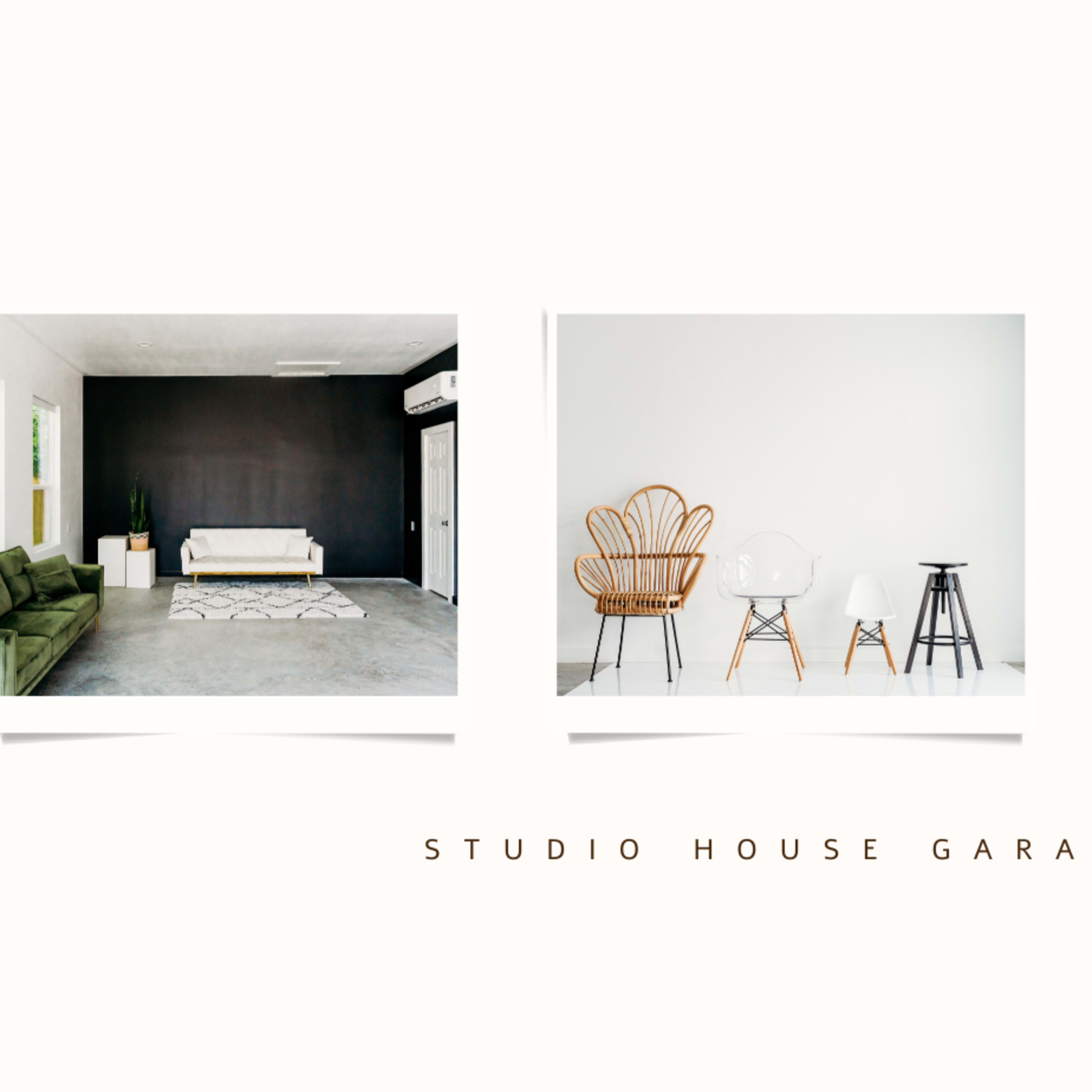 Three photos of stylishly arranged interiors: a living room with a dark wall and a light sofa, a seating area with a rattan chair and minimalist table, and another living room with a green sofa beside large windows.