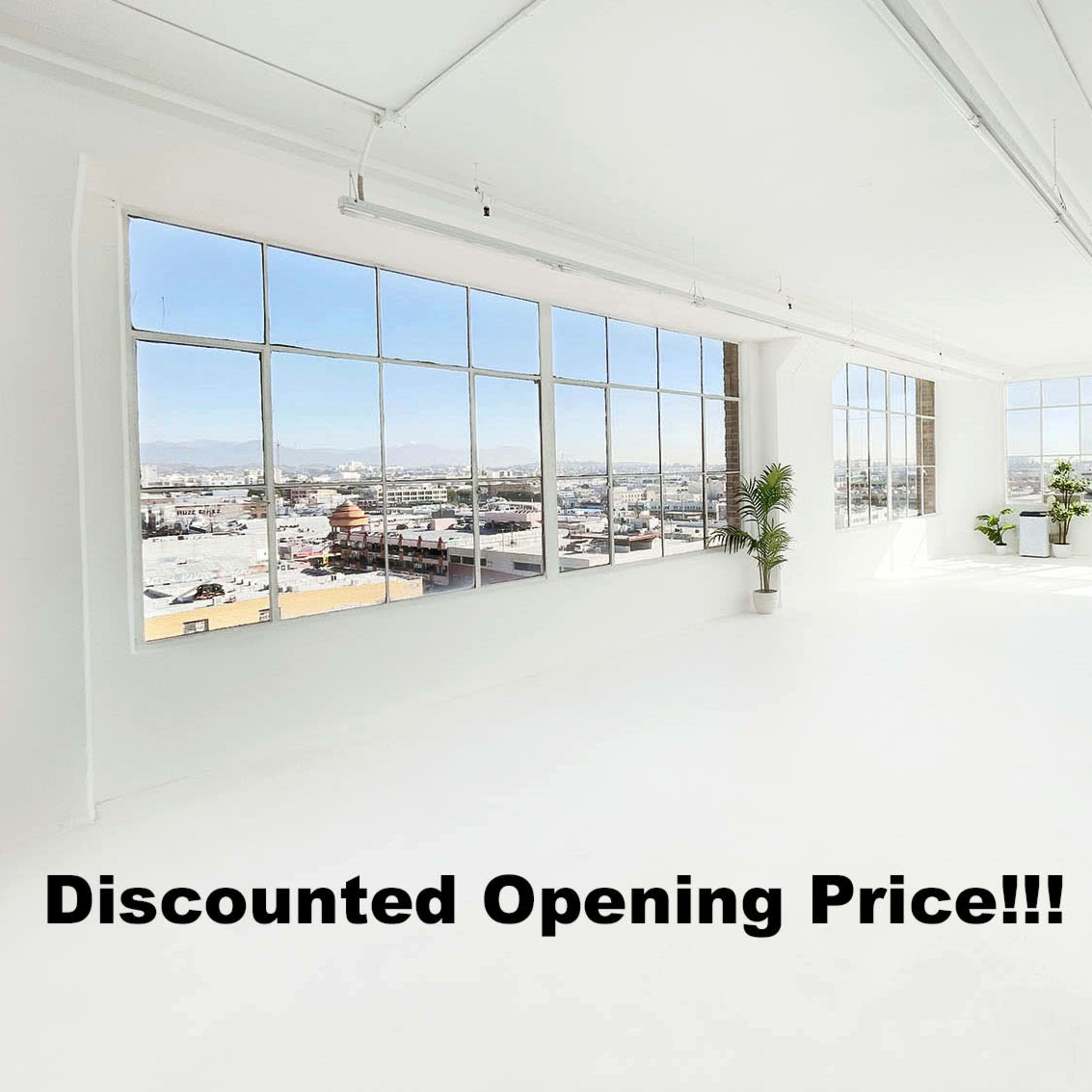 A bright, spacious room with large windows overlooking a cityscape, featuring minimalist furniture and greenery.