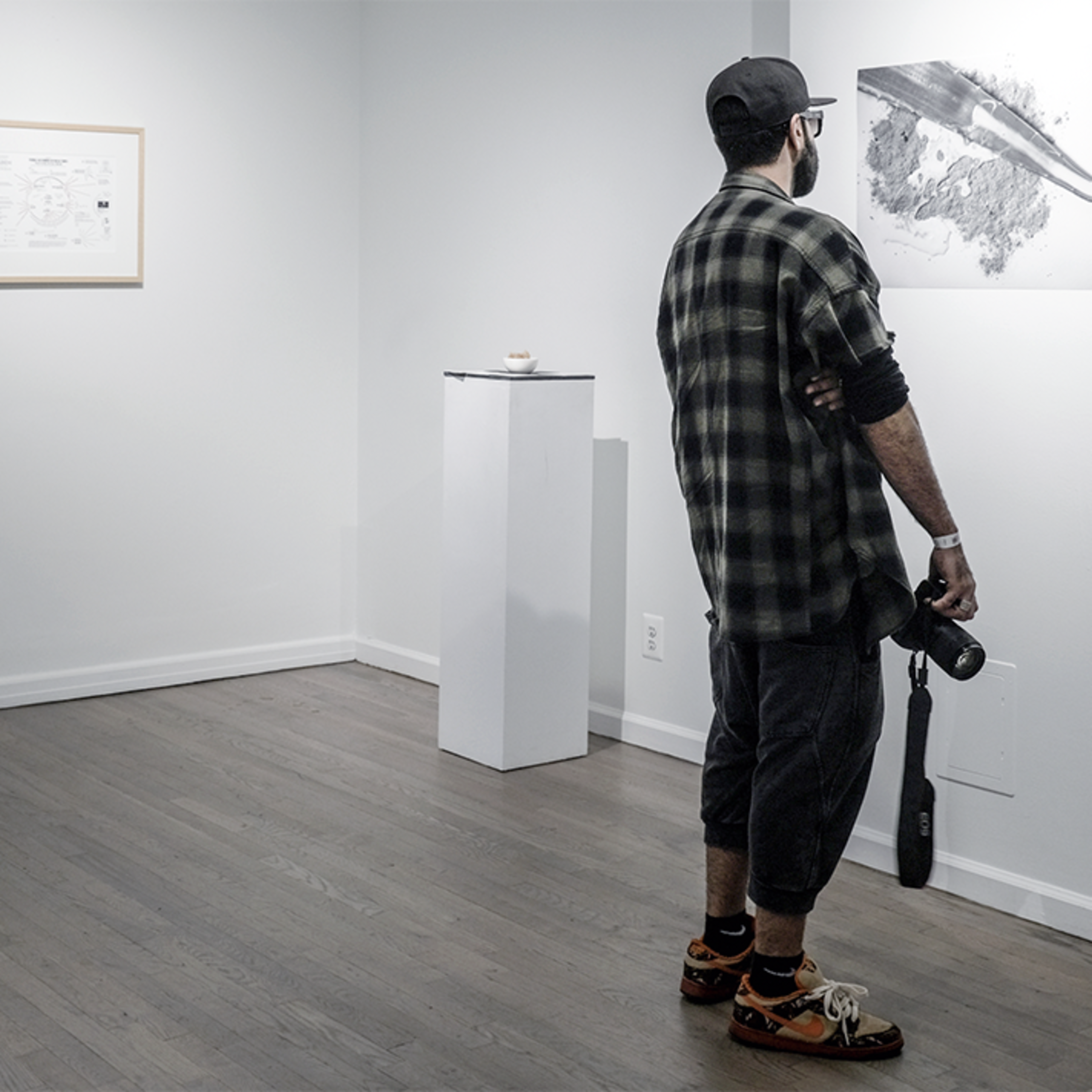A man stands in an art gallery, observing a large black-and-white photograph of a whale displayed on the wall.