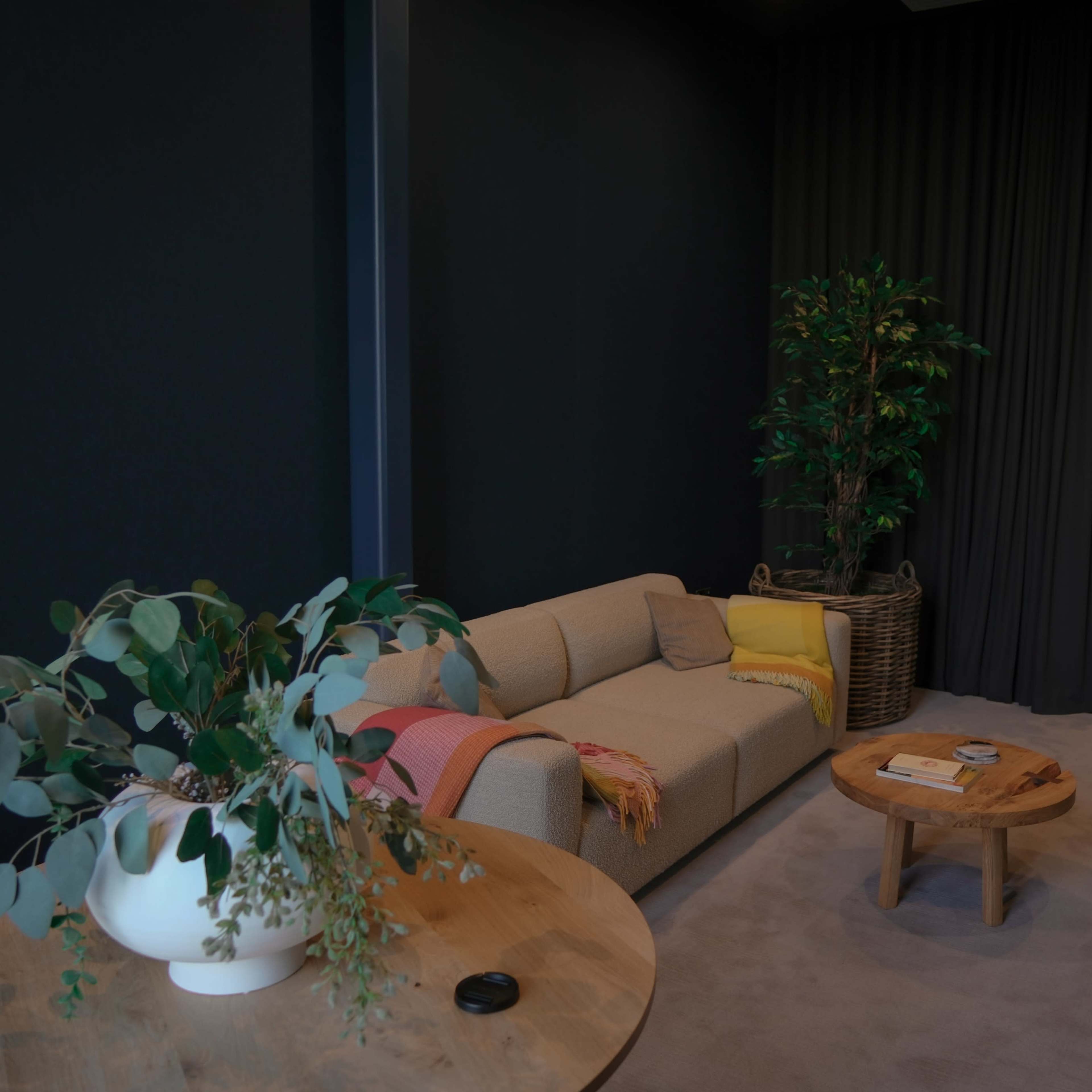 A cozy living room with a beige sofa, a wooden coffee table, and a large potted plant against a dark wall.