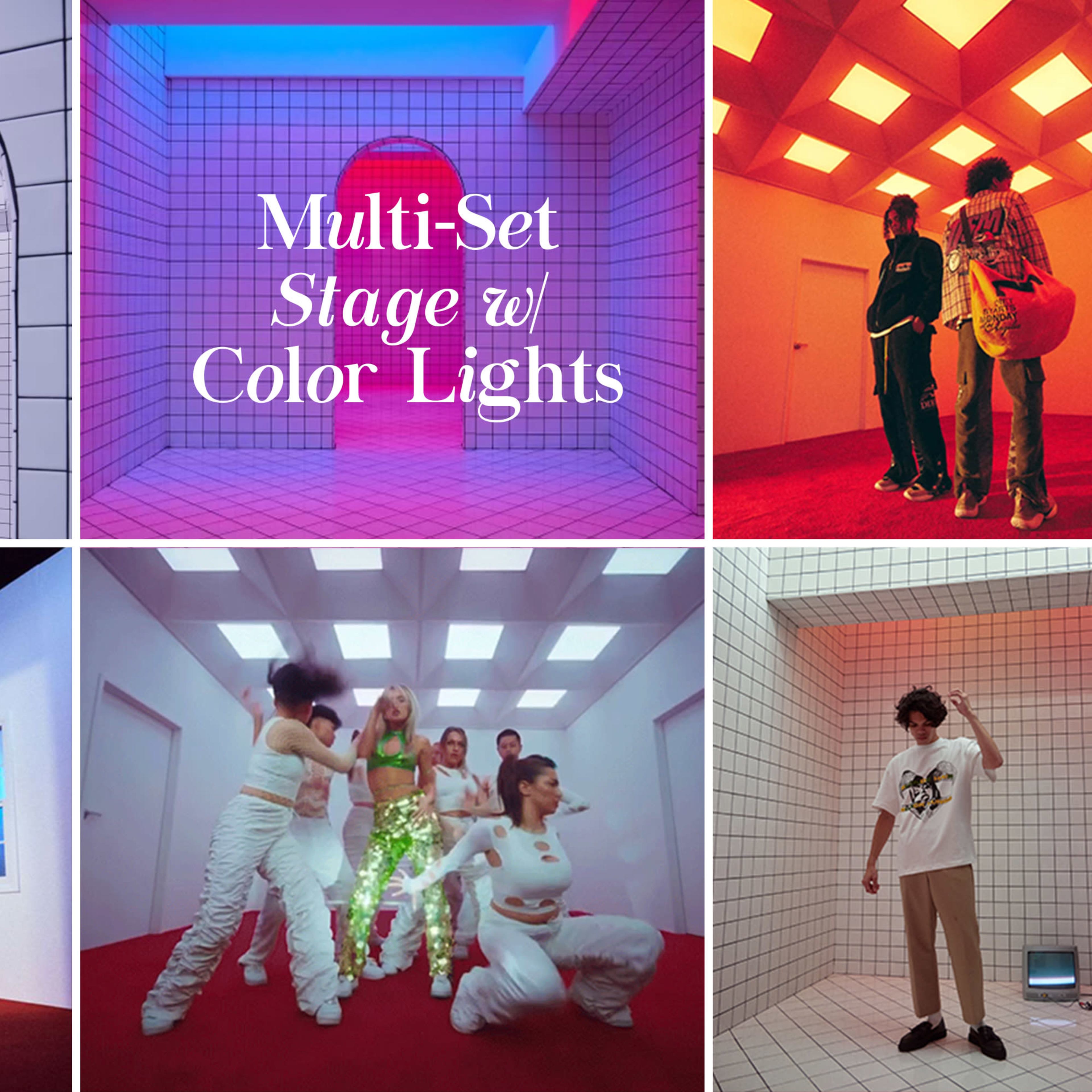 Different brightly lit rooms with geometric designs, featuring various people interacting in each space.