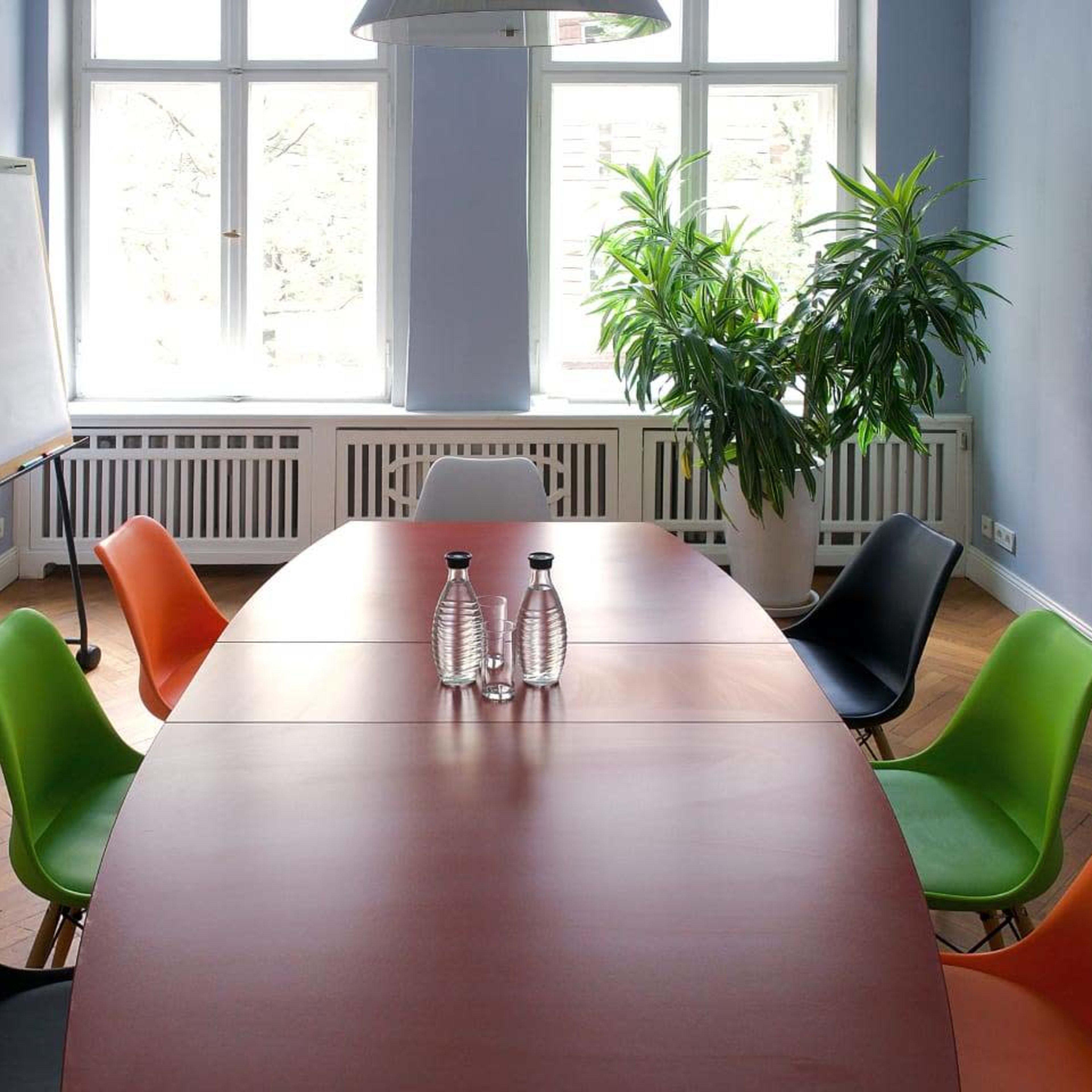 A modern conference room features a long wooden table surrounded by colorful chairs and a large plant in the corner.
