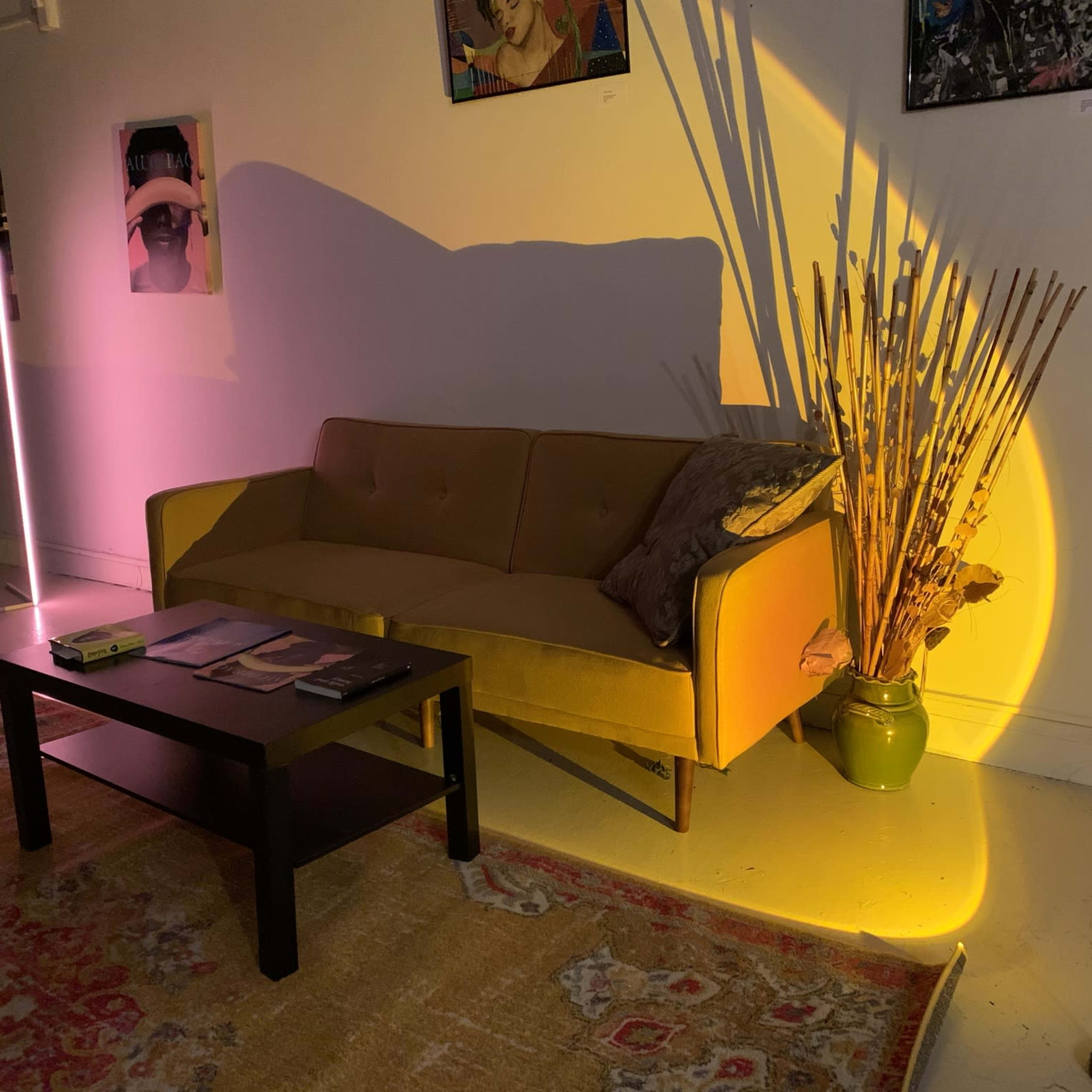 A yellow sofa is positioned beside a plant in a pot, with colorful lighting casting shadows on the wall.