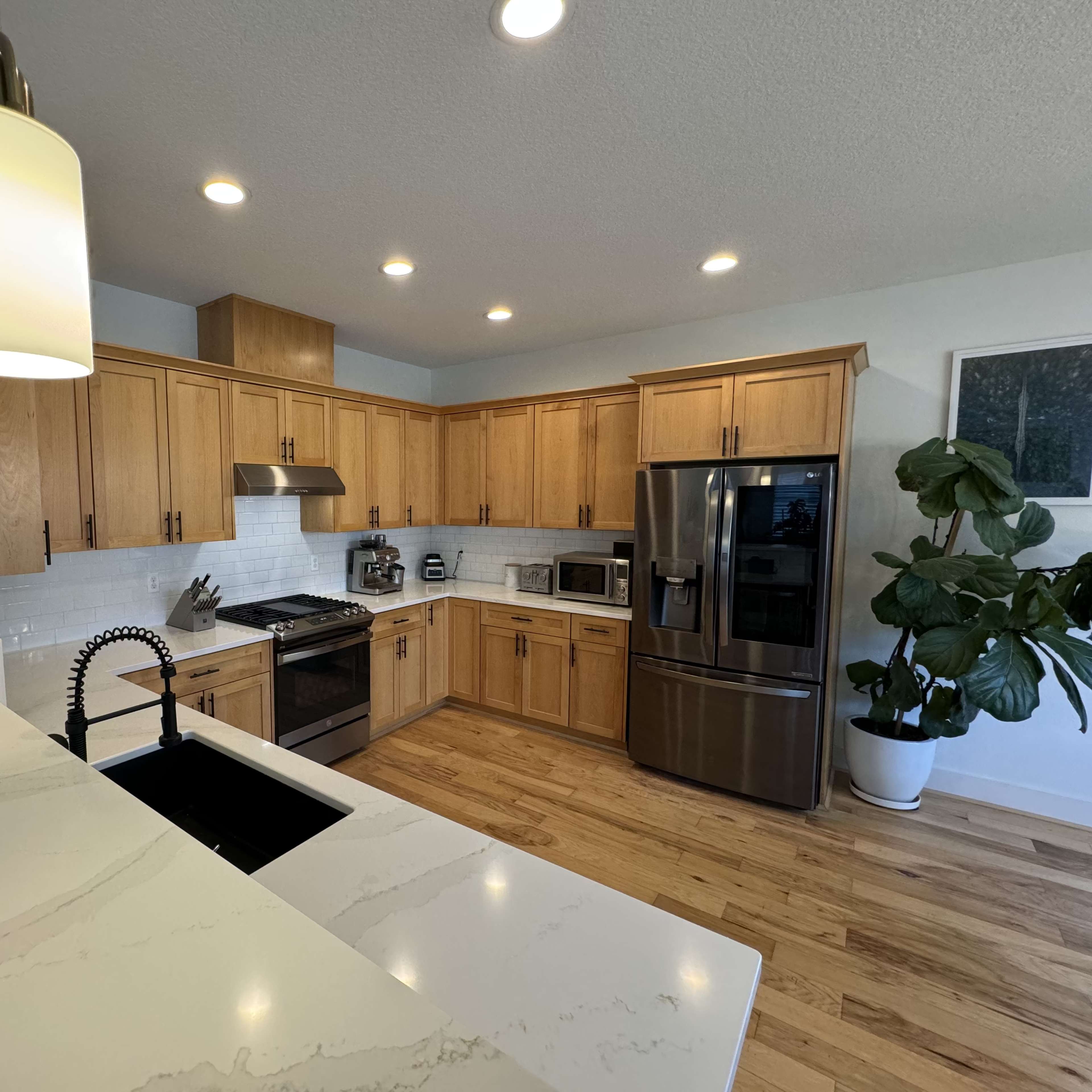 The kitchen features wooden cabinets, stainless steel appliances, a marble countertop, and plants in the background.