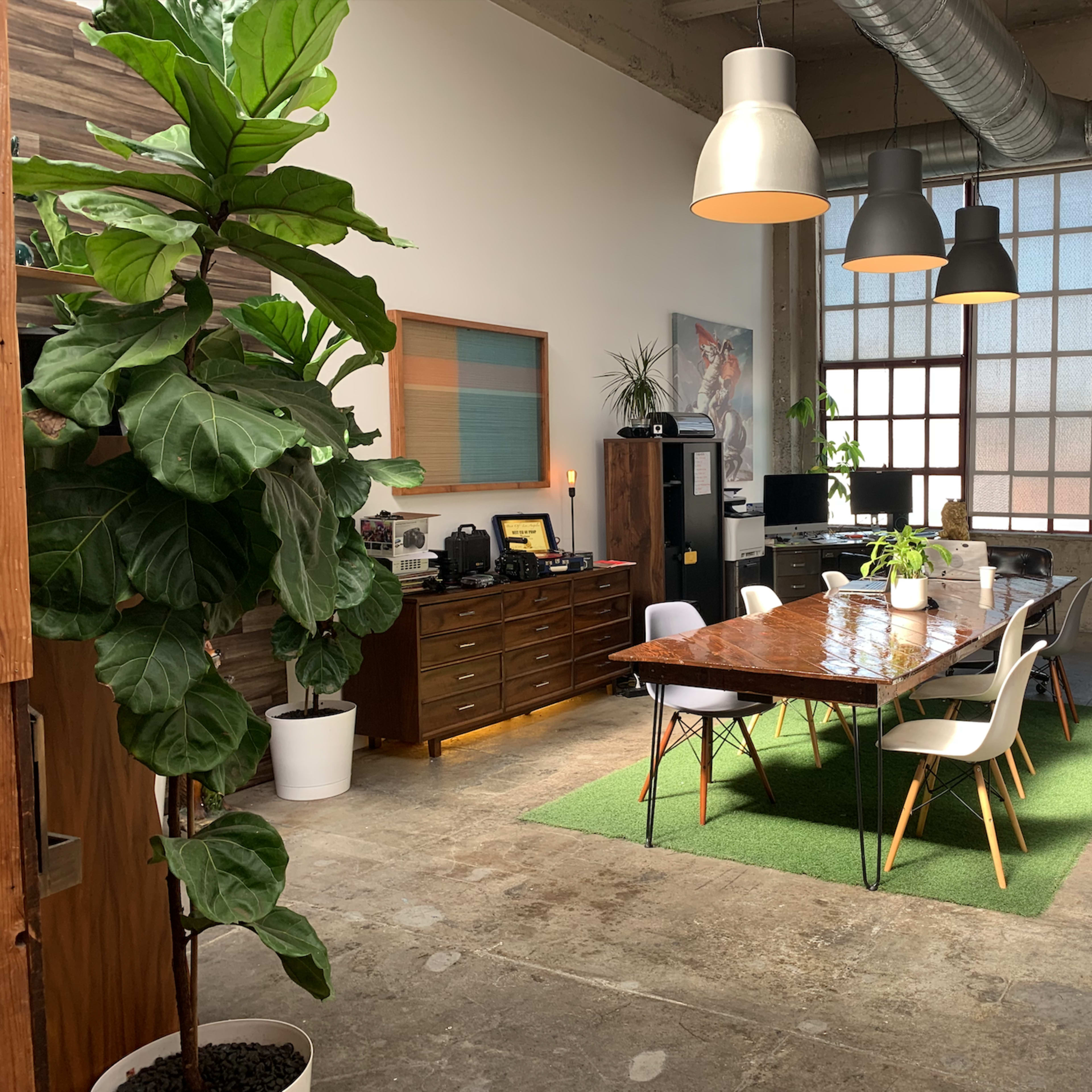 A spacious office interior with a wooden dining table surrounded by white chairs, large windows, and a potted plant in the corner.