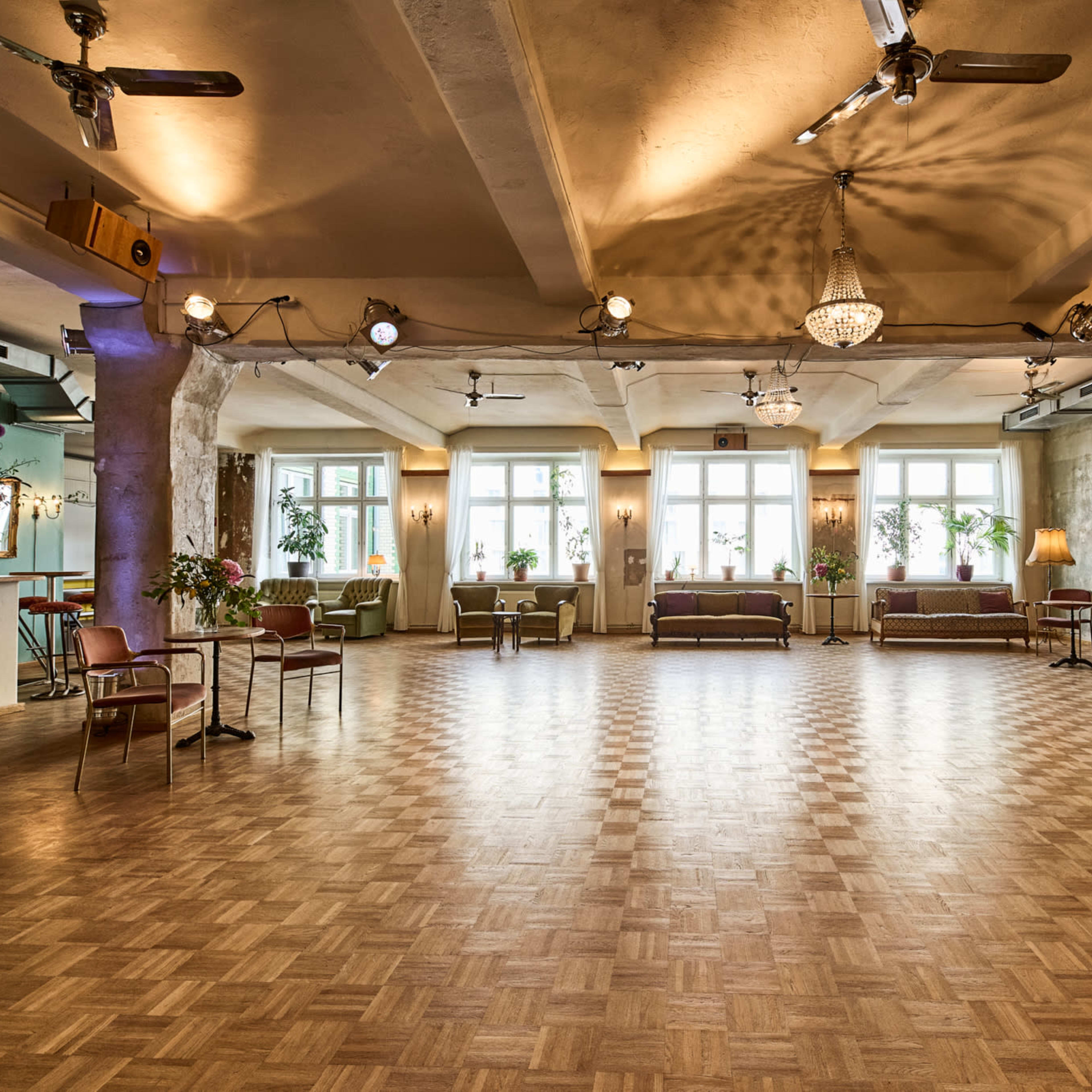 A spacious, well-lit room with wooden flooring, decorated with potted plants and dimmed lighting fixtures.