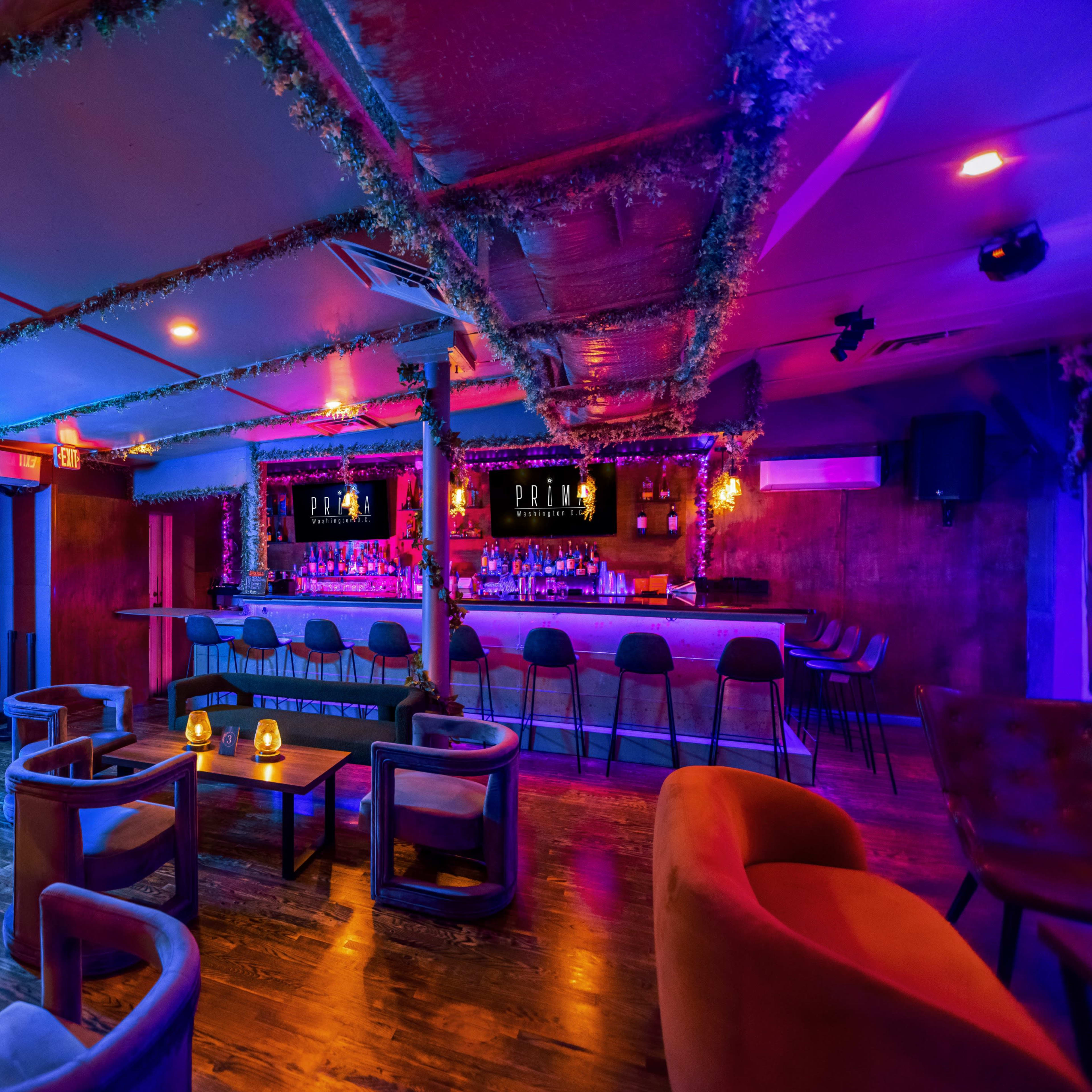 A dimly lit bar features a countertop with various bottles and seating arrangements surrounded by colorful lighting and decorative foliage.