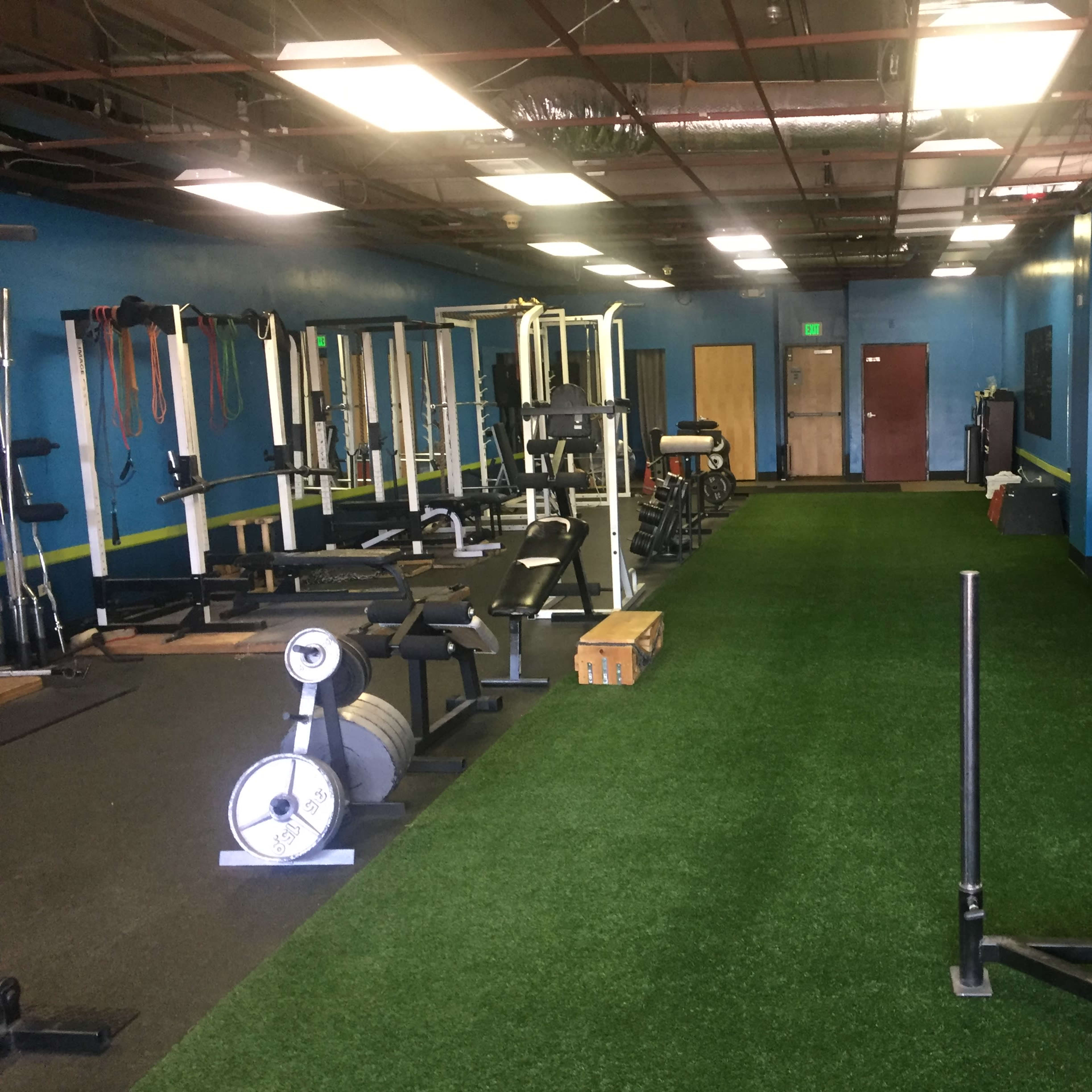 A spacious gym interior equipped with various exercise machines and weights, along with a turf-covered area for functional training.