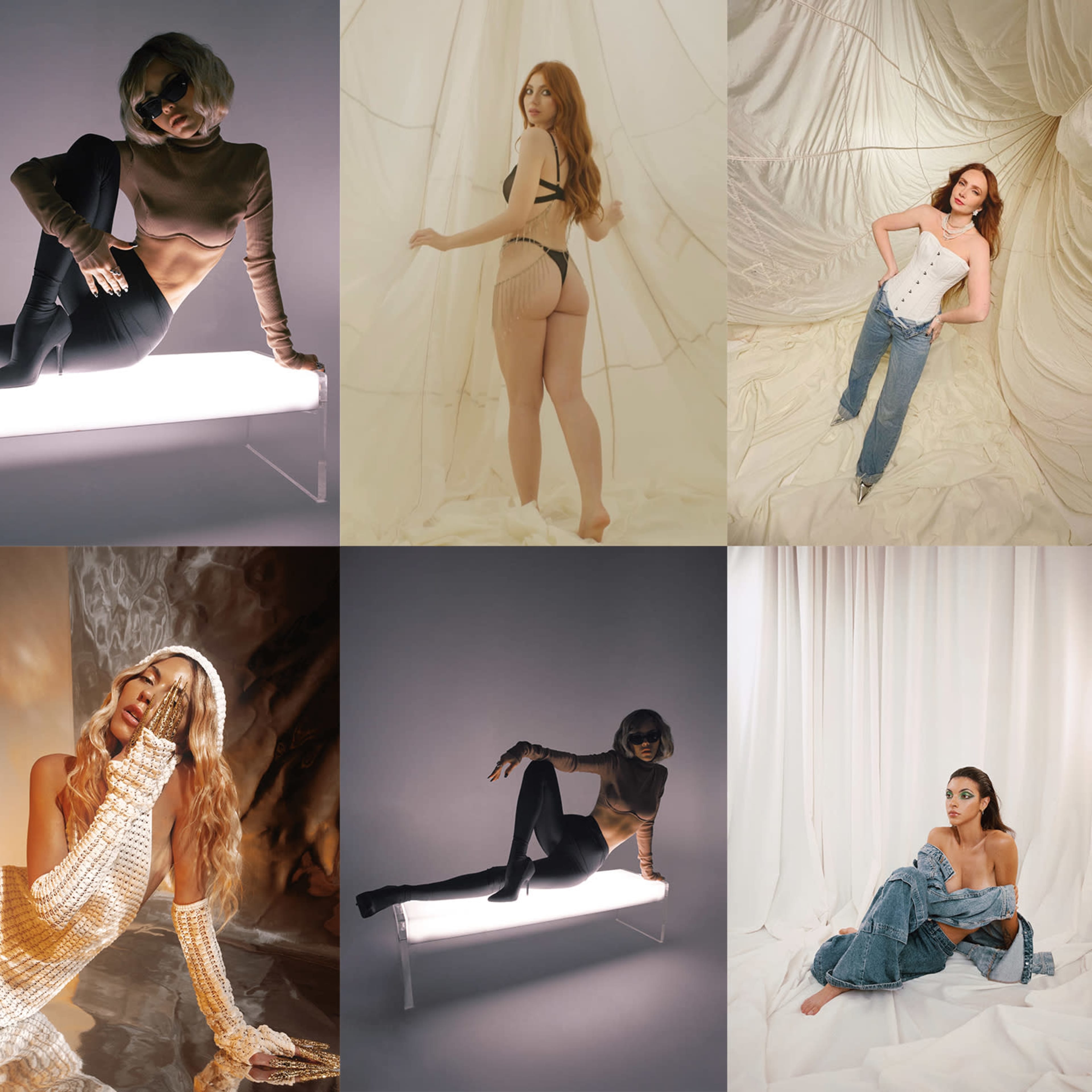 A grid of eight fashion photography portraits featuring models in various poses and outfits against diverse backgrounds.
