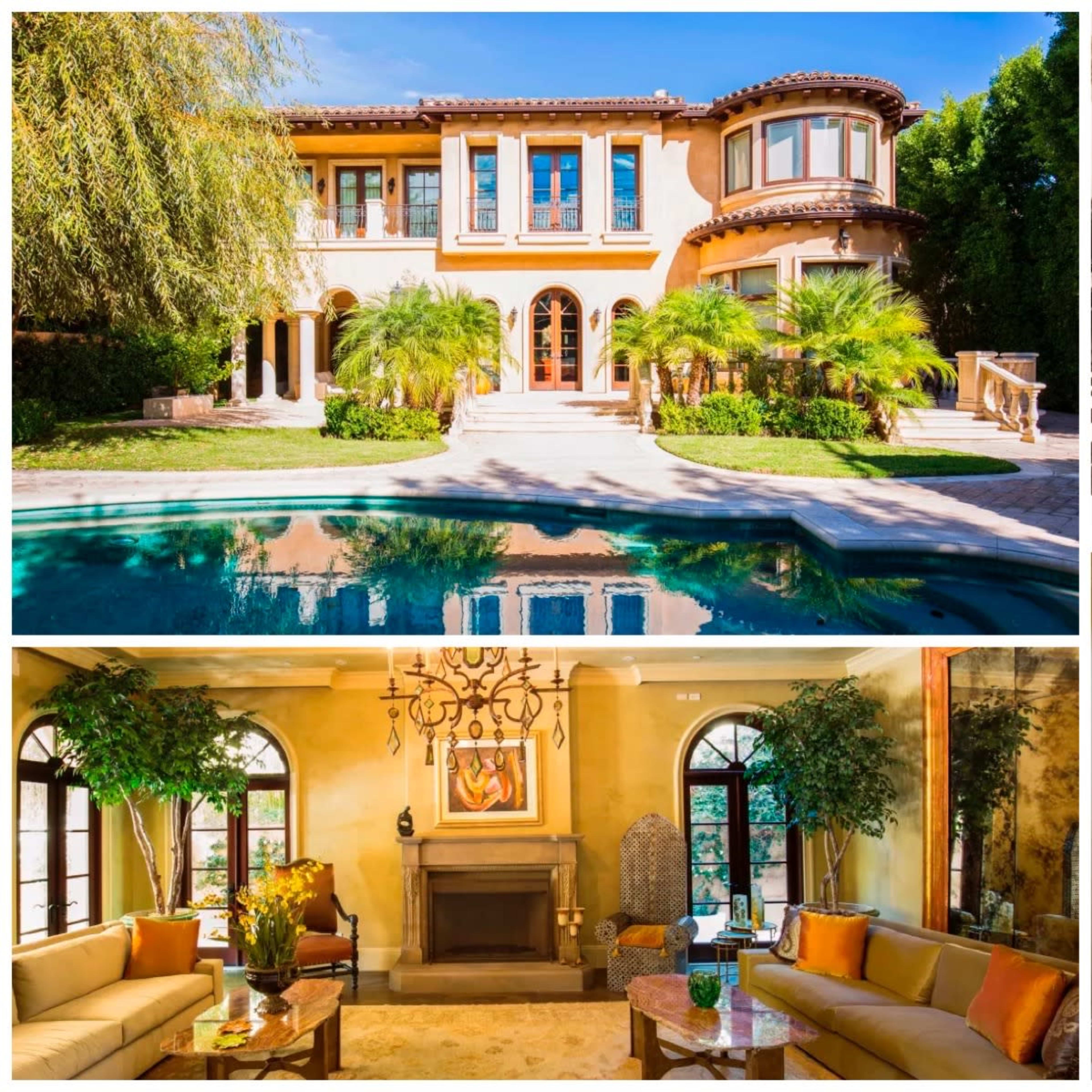 A luxurious house featuring an exterior poolside area, a formal dining space with a colorful artwork, an elegant living room with a fireplace, and a grand staircase with wrought-iron railings.